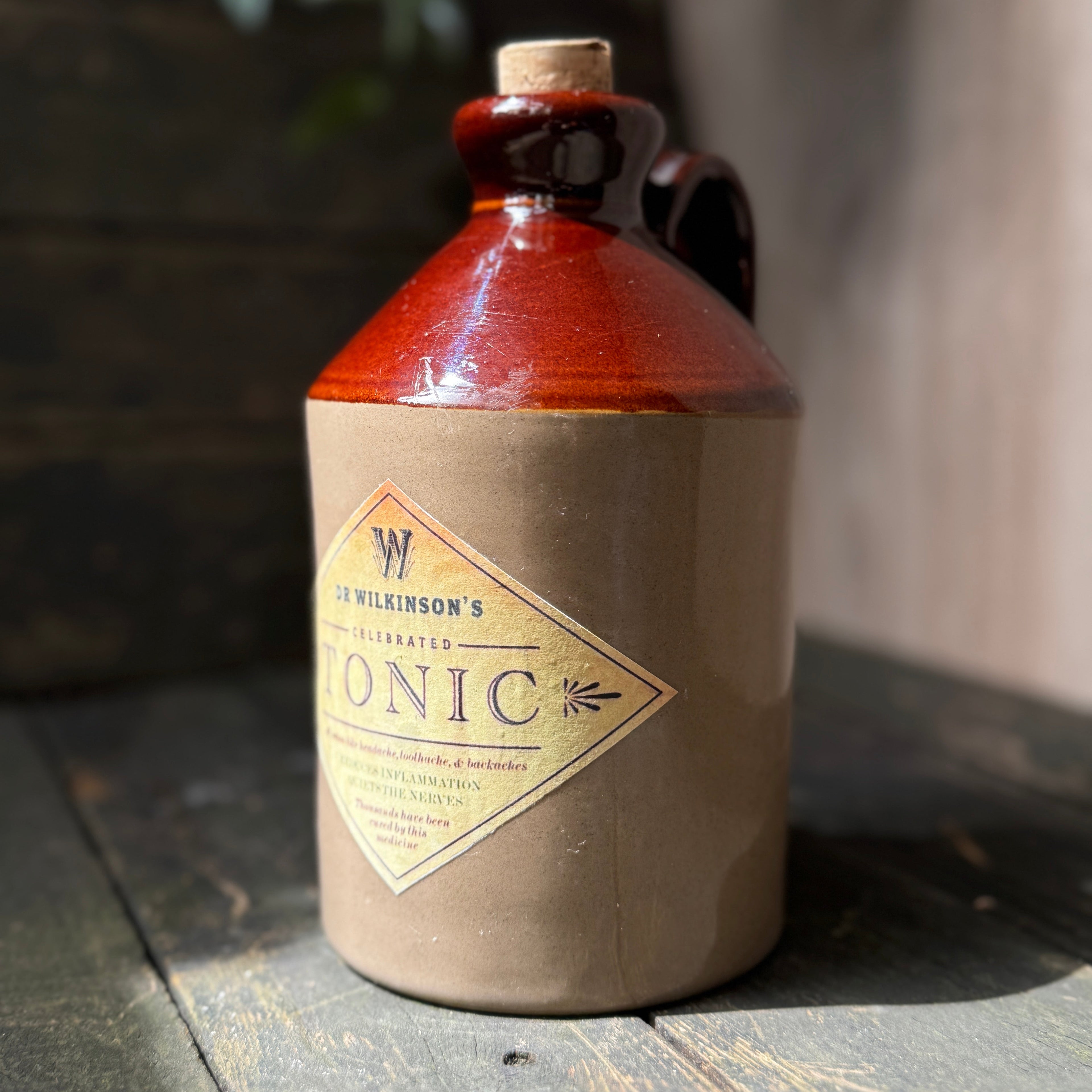 Handmade stoneware bottle with Dr Wilkinson’s Celebrated Tonic label