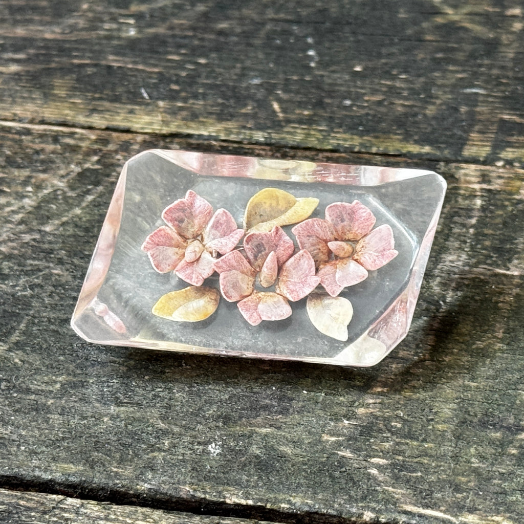 Original 1940s reverse-carved lucite brooch with delicate pink and green flower design