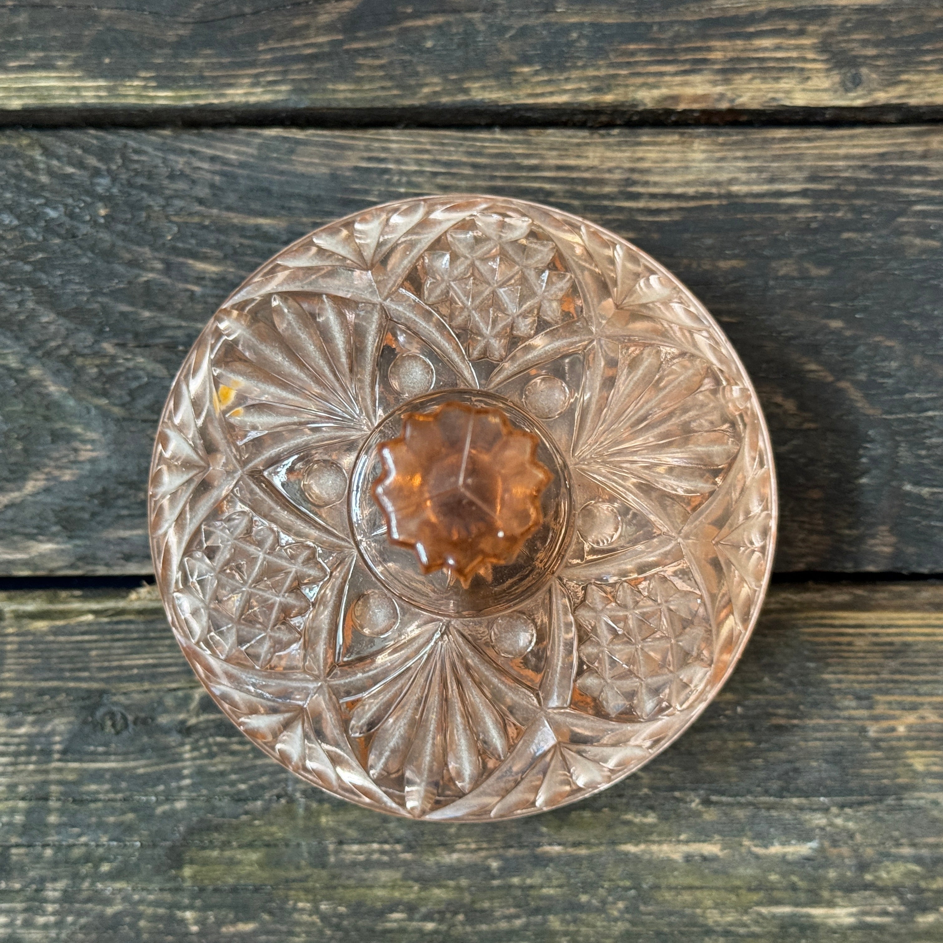 Heavy Lidded Trinket Box, Peach Pressed Glass c.1930s