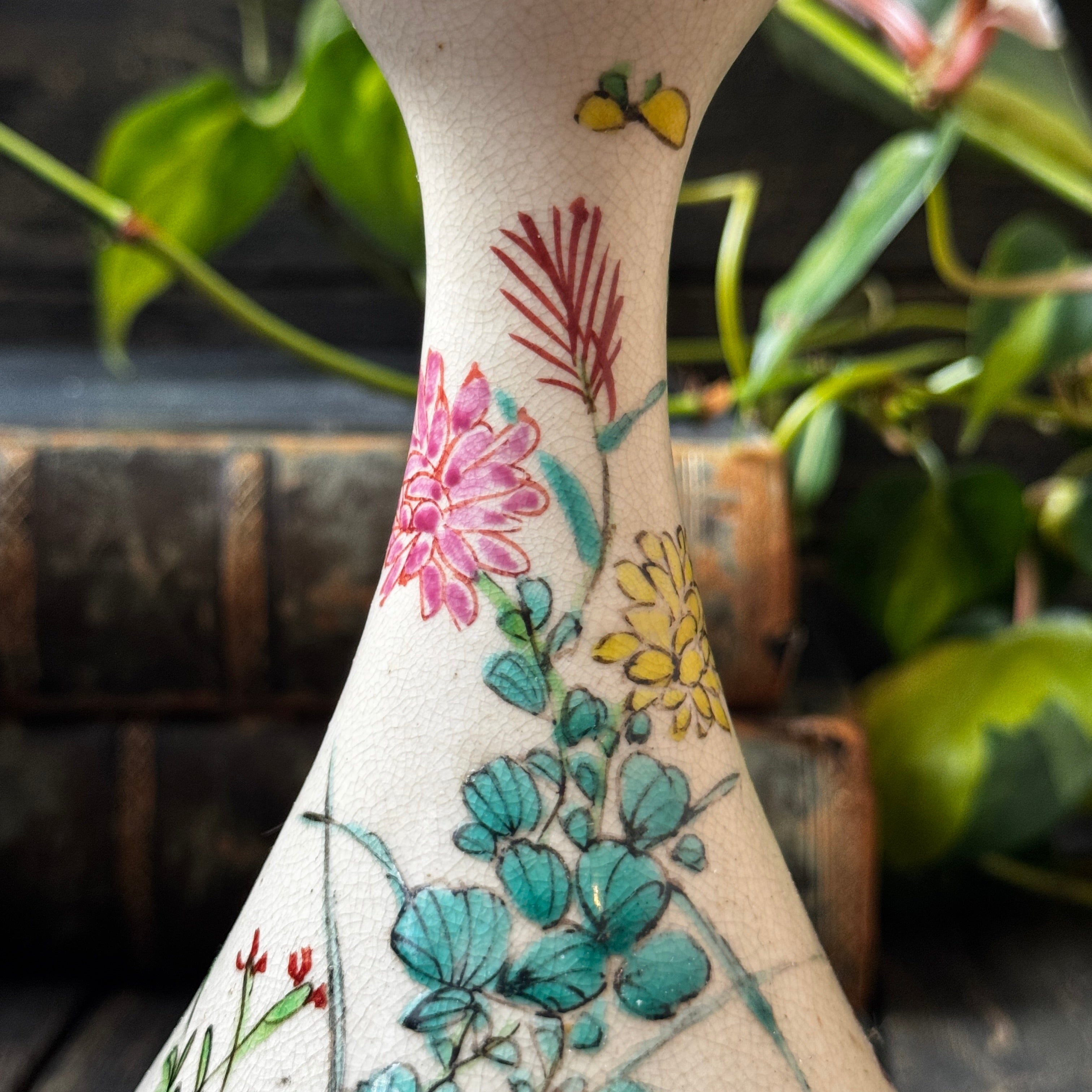 Meiji Period Japanese Satsuma Ware Vase With Cracked Glaze & Hand-Painted Floral Design