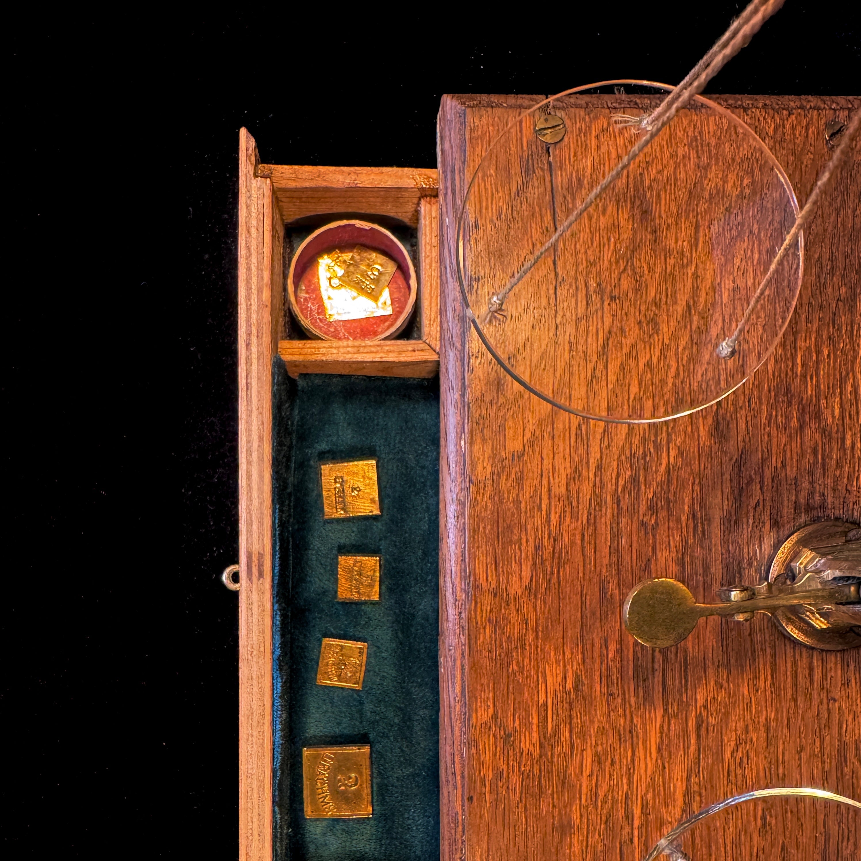 Set of antique apothecary scales in glass-fronted wooden case