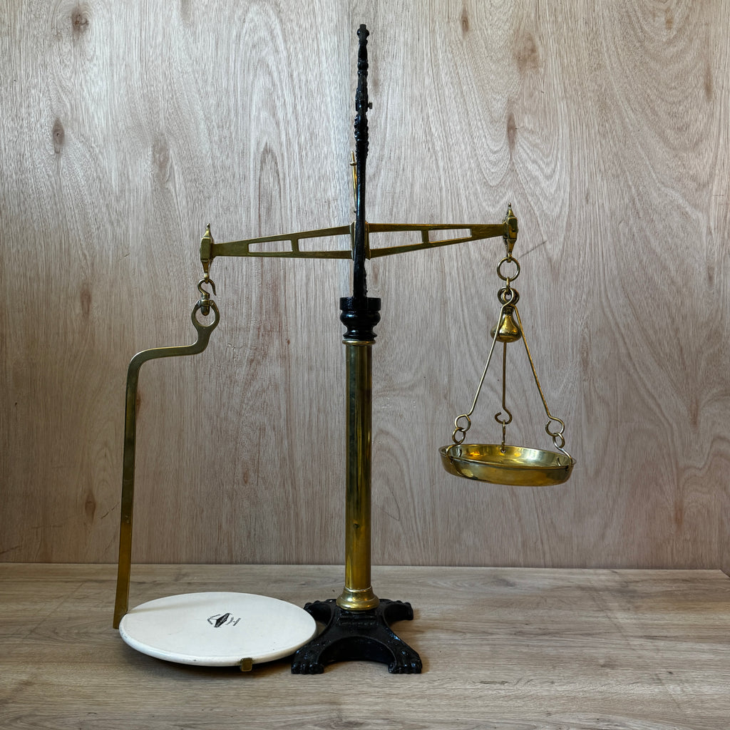Very large, antique 1880s shop scales. Cast iron and brass with original ceramic weigh plate