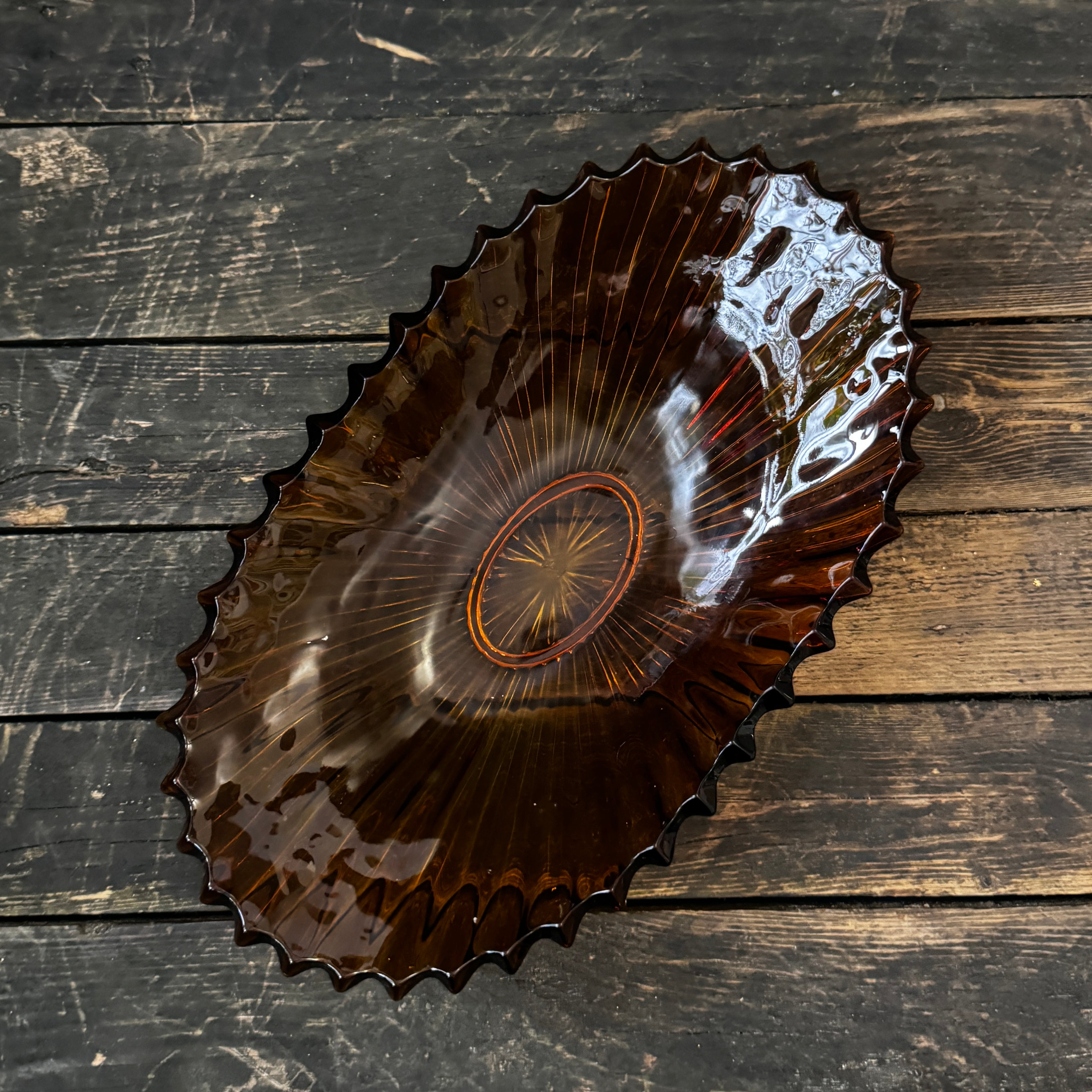 Large Art Deco pressed glass bowl in a rich amber shade 1930s
