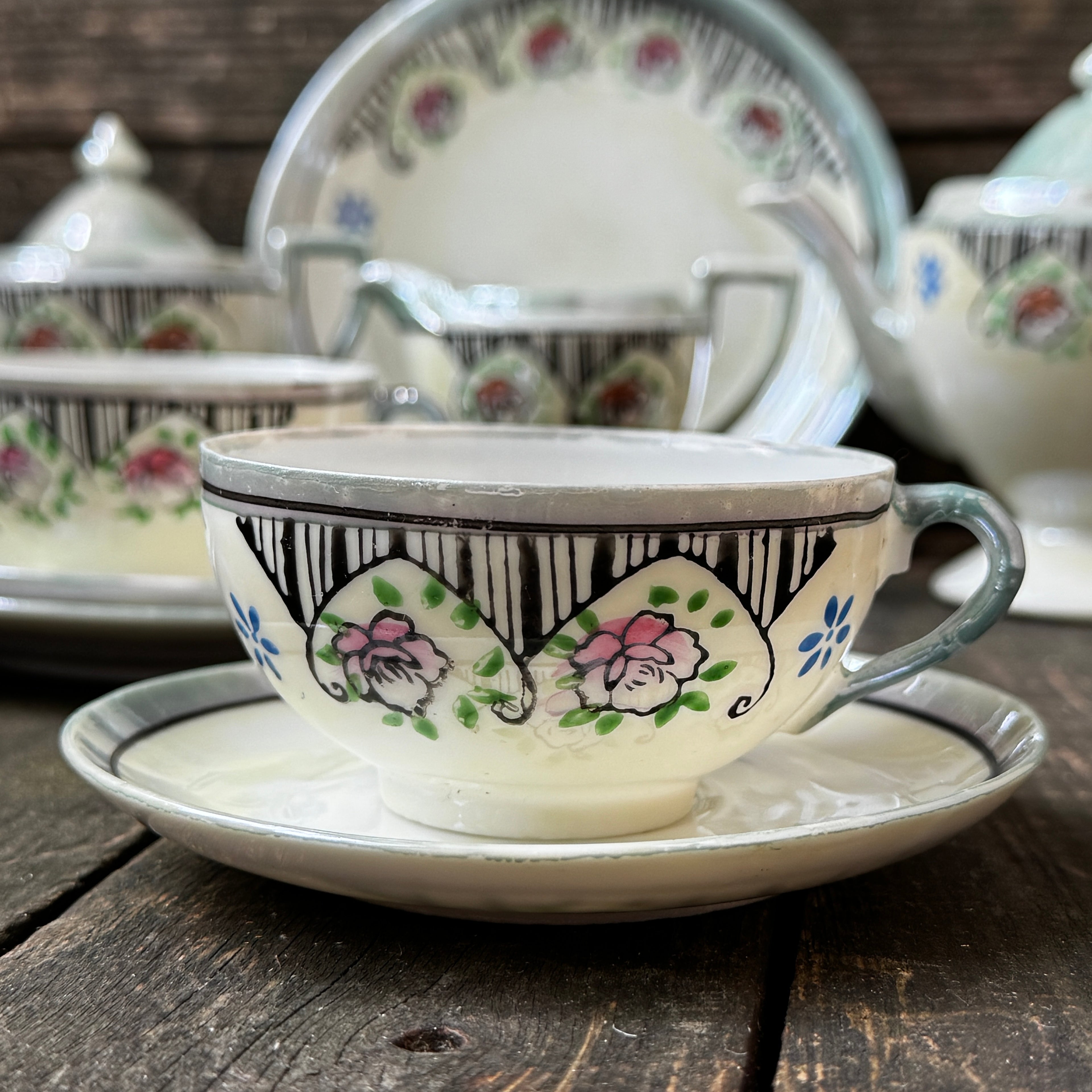 Delicate Hand-Painted Japanese Eggshell Ware Tea Set For Two