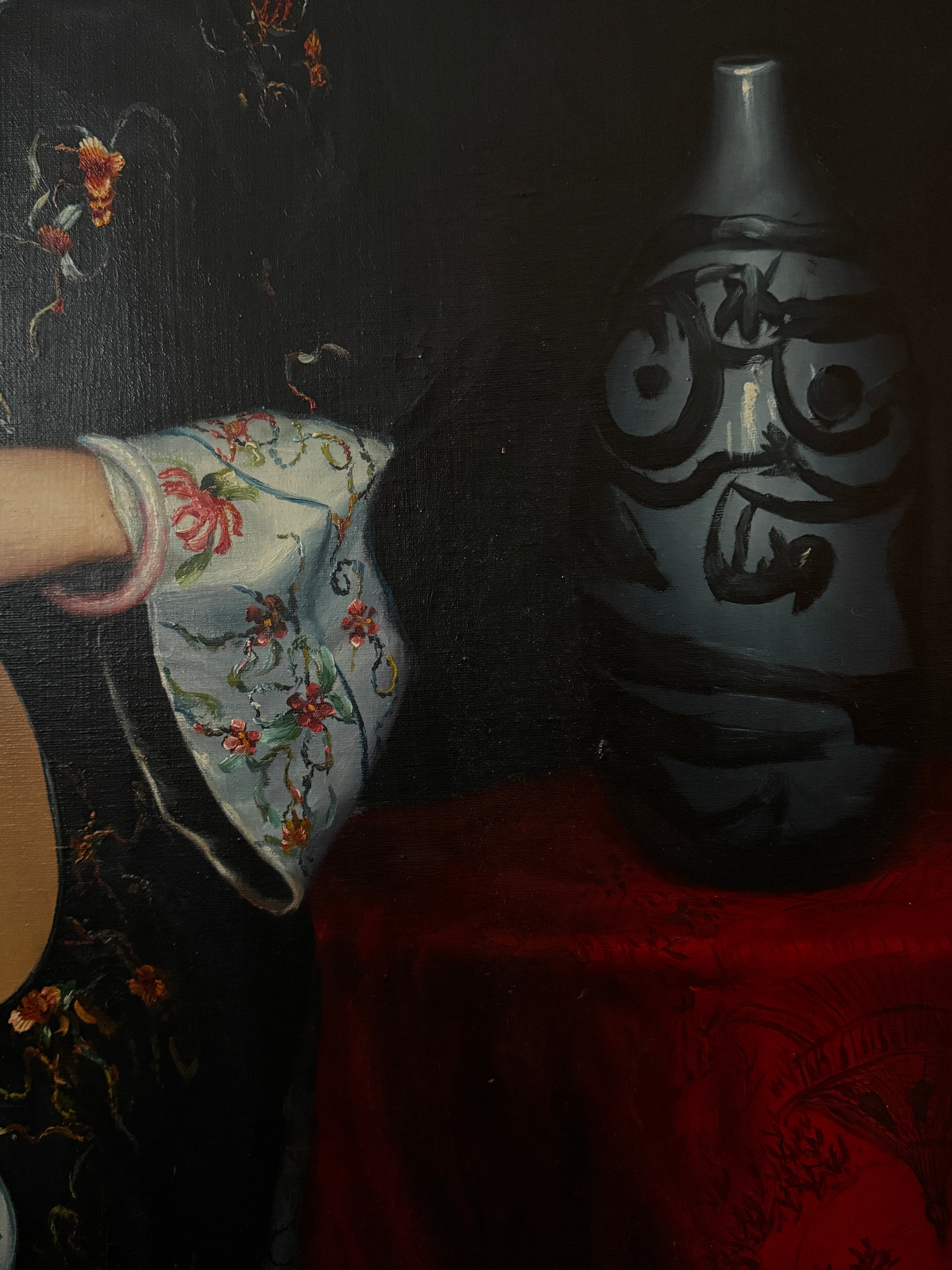 Large original artwork, oil on canvas: young woman playing the liuqin