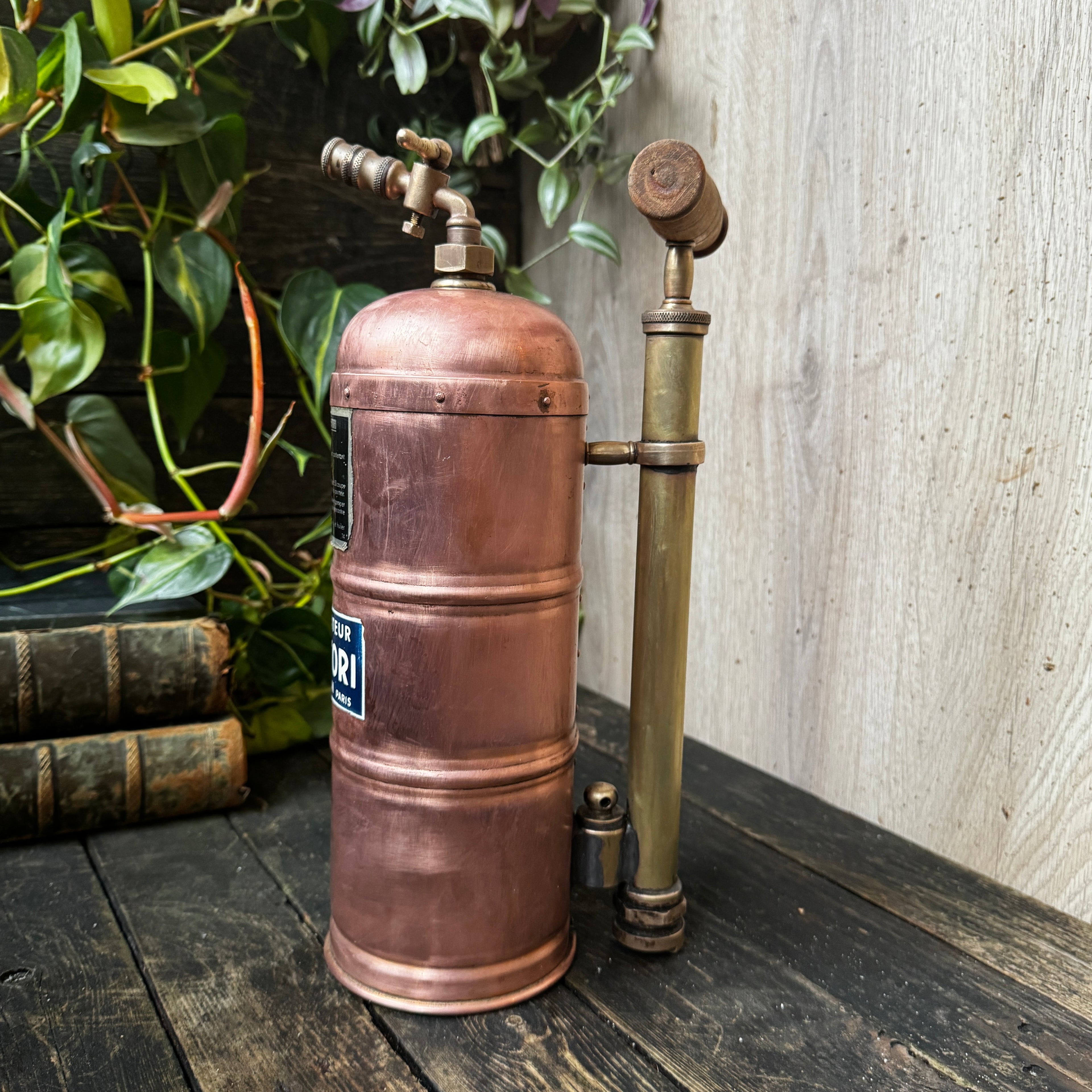 Beautiful 1930s French Muratori Hand Pump Garden Sprayer in Copper and Brass