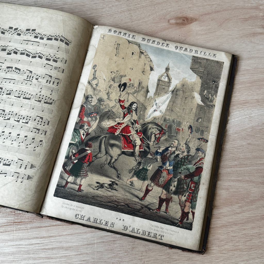 Set of two early-mid 19th century music books compiled by hand, with some notes in pen and pencil. Unique and personal, with gorgeous colour images and covers amongst the scores.