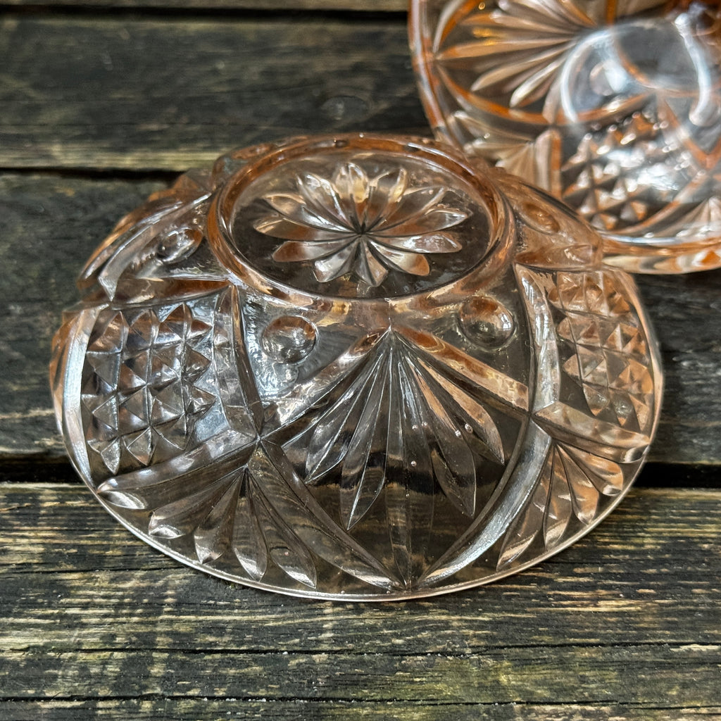 Heavy Lidded Trinket Box, Peach Pressed Glass c.1930s
