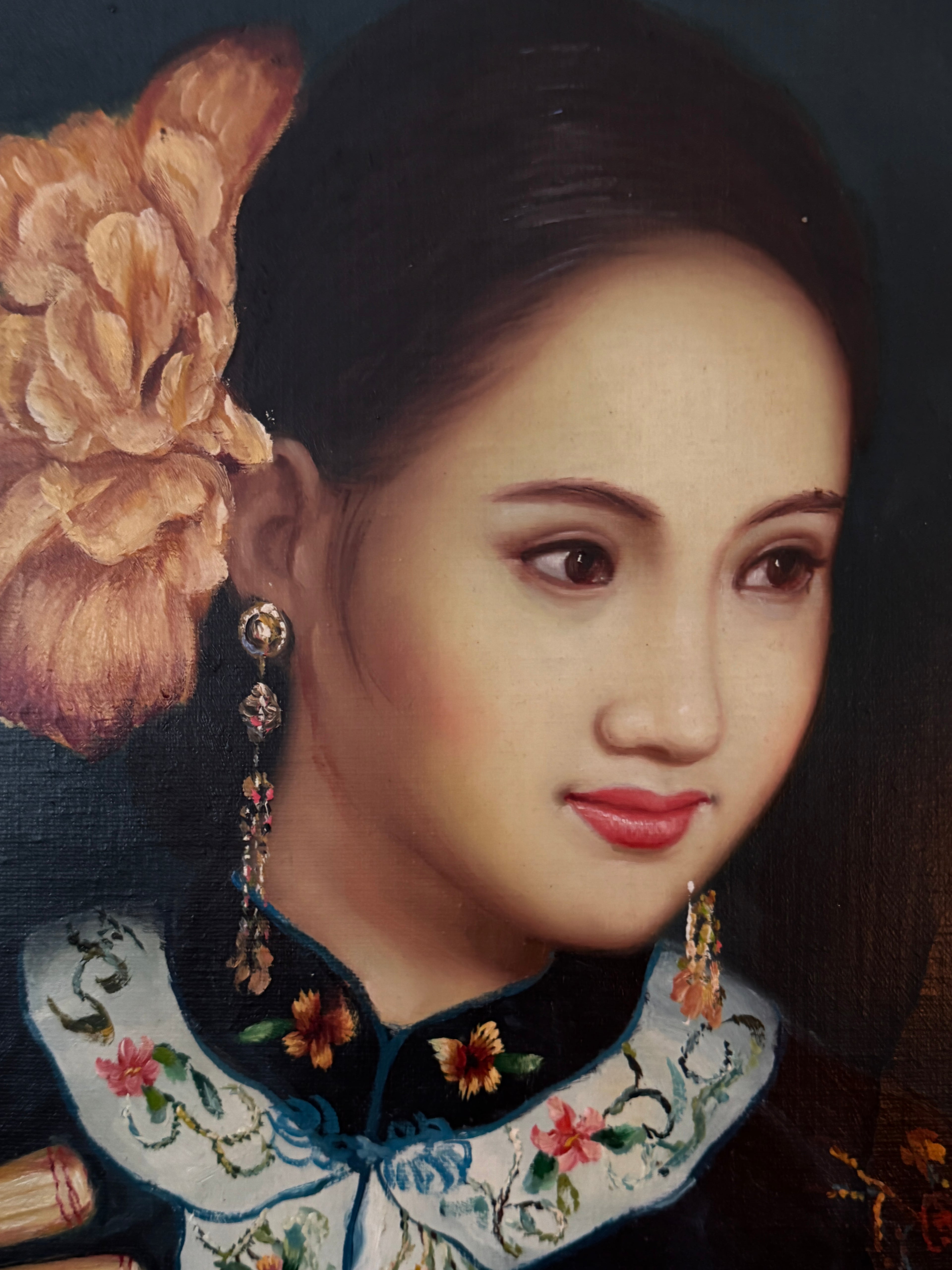 Large original artwork, oil on canvas: young woman playing the liuqin