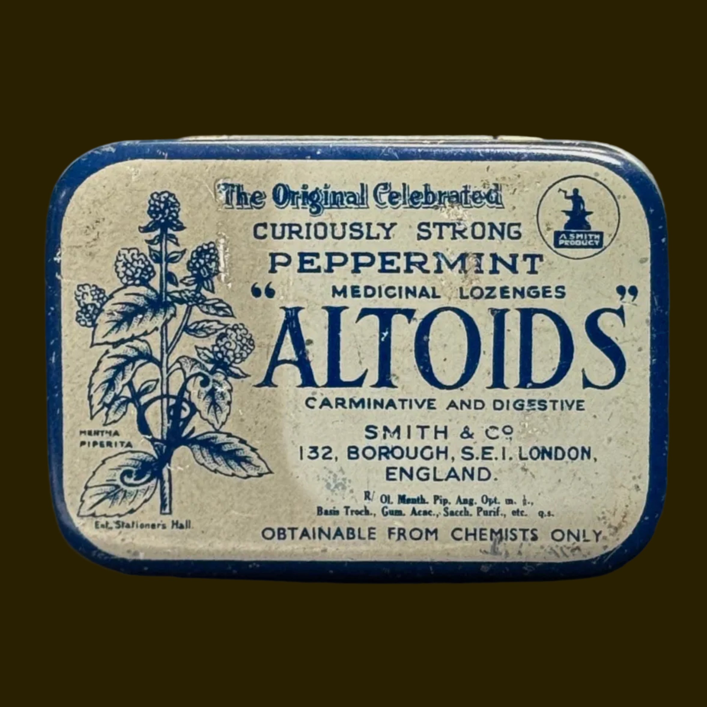 Attractive 1920s tin for UK Altoids in rare blue colour scheme