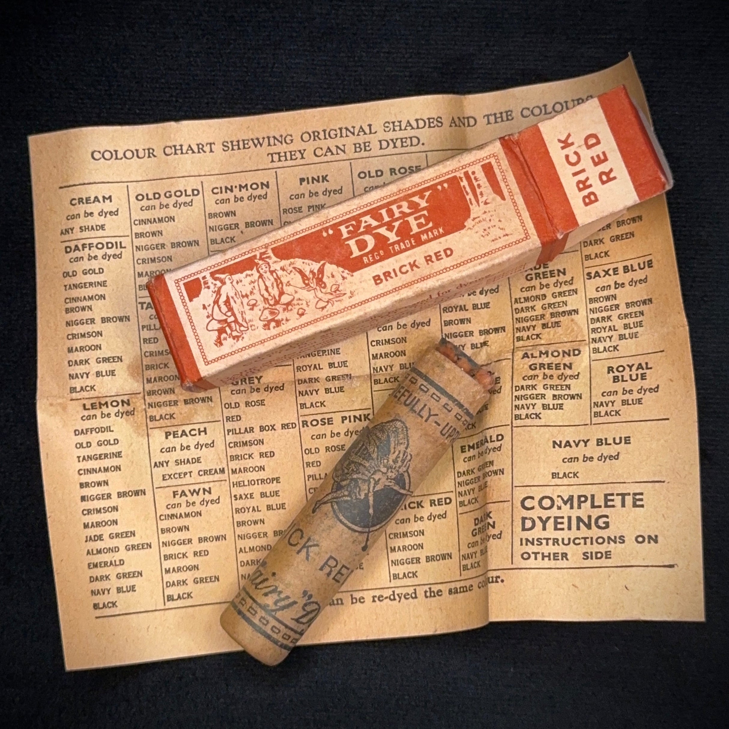 Complete and unused 1940s brick red Fairy Dye in original packaging with instructions, glass vial, etc.