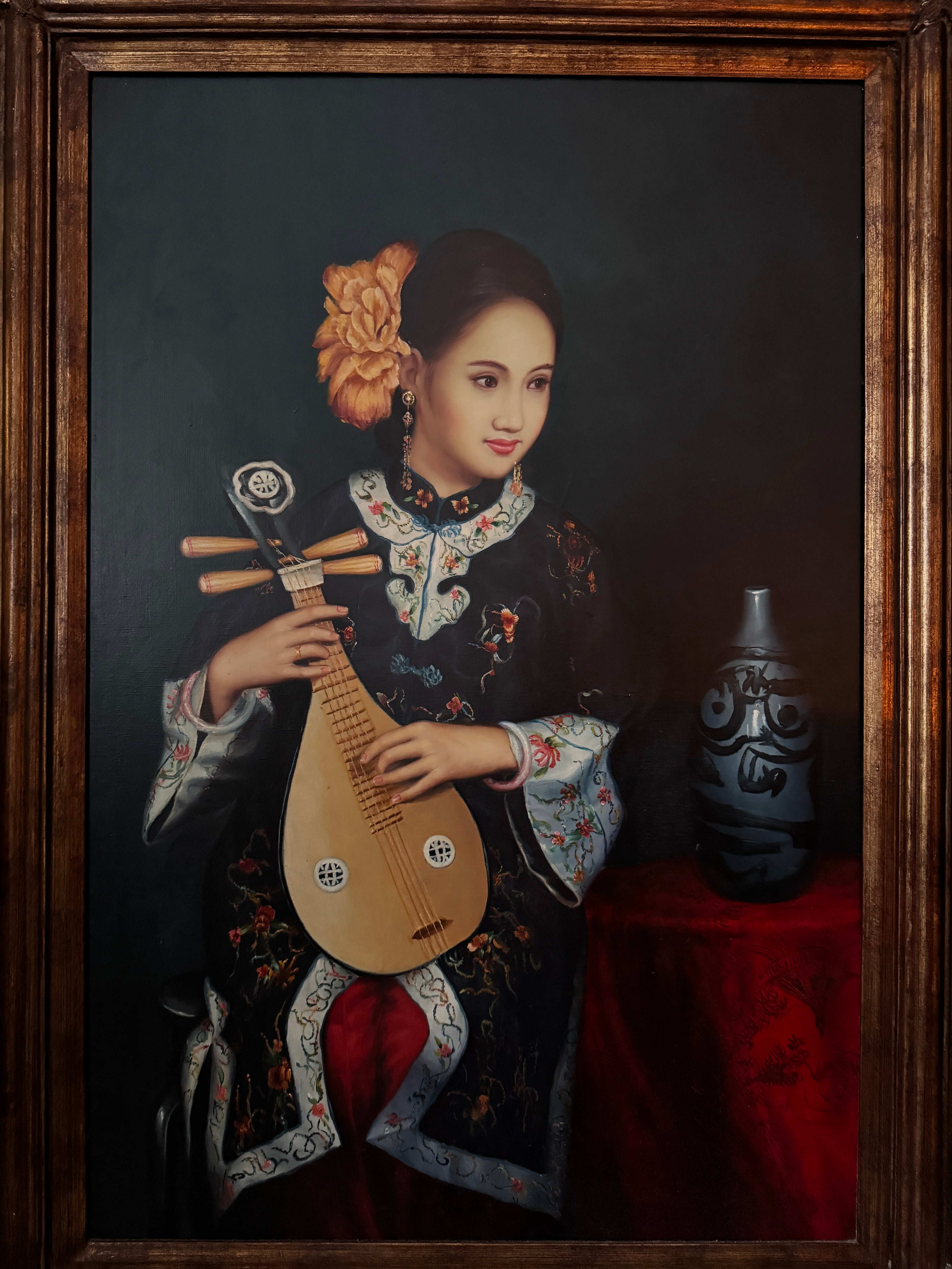 Large original artwork, oil on canvas: young woman playing the liuqin