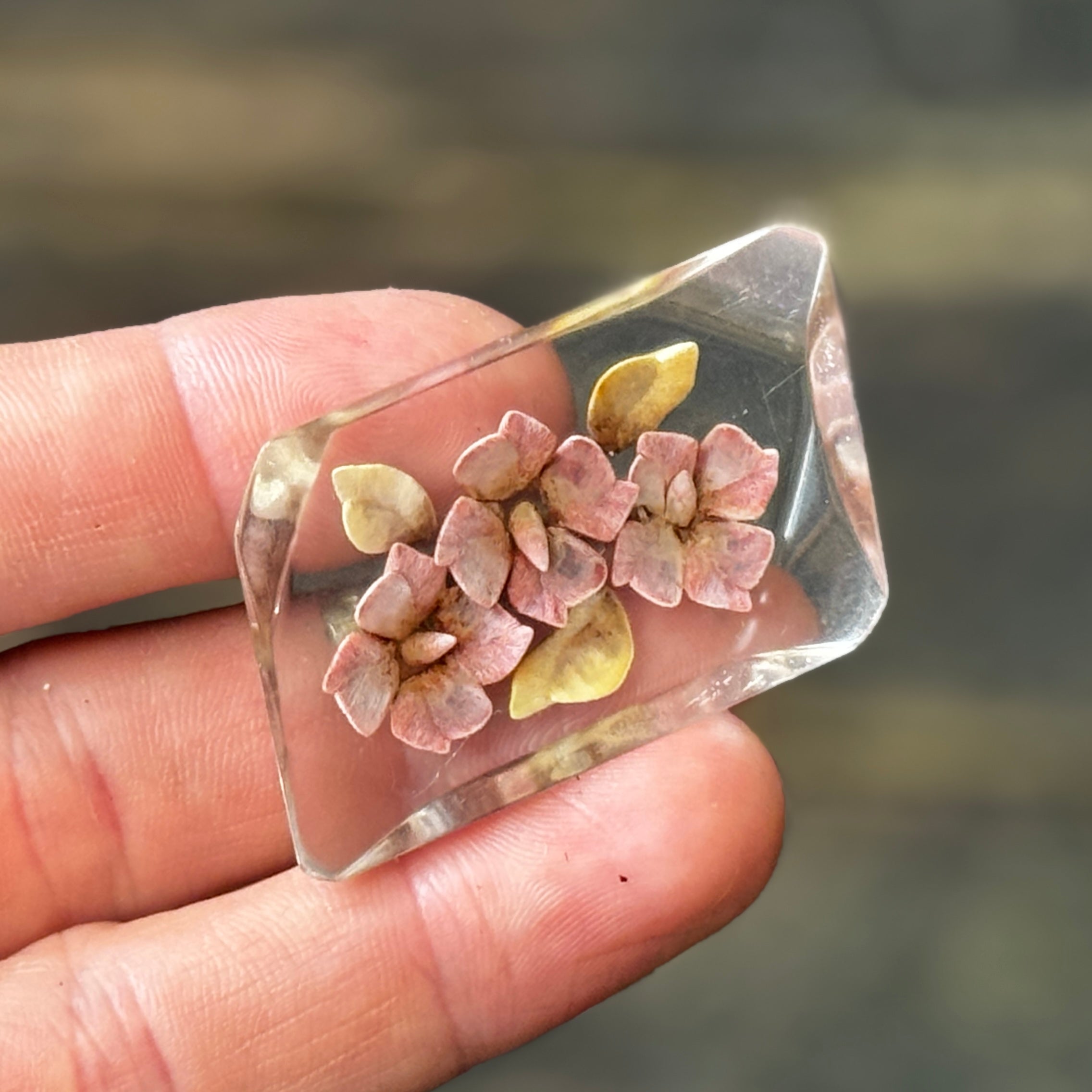 Original 1940s reverse-carved lucite brooch with delicate pink and green flower design