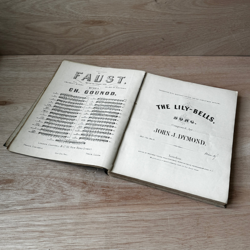 Set of two early-mid 19th century music books compiled by hand, with some notes in pen and pencil. Unique and personal, with gorgeous colour images and covers amongst the scores.