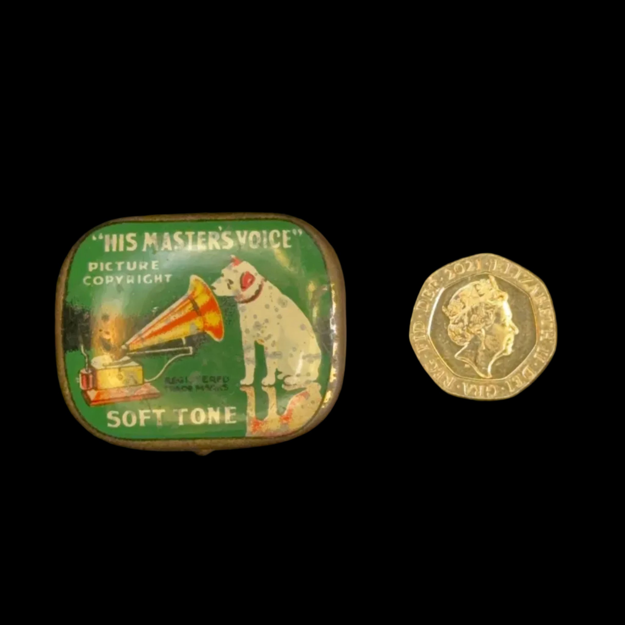 Iconic, collectible early 20th century 'His Master's Voice' tin of gramophone needles (soft tone)