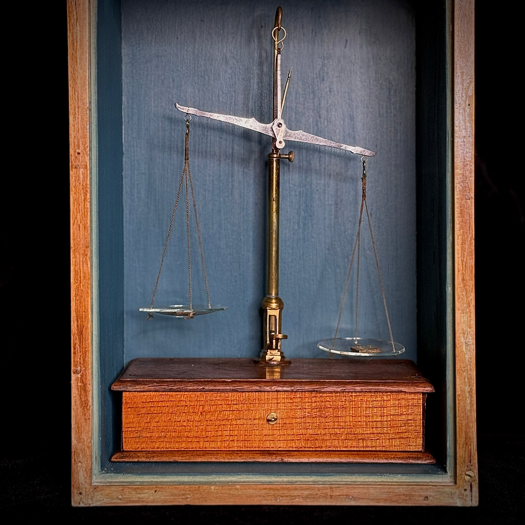 Set of antique apothecary scales in glass-fronted wooden case