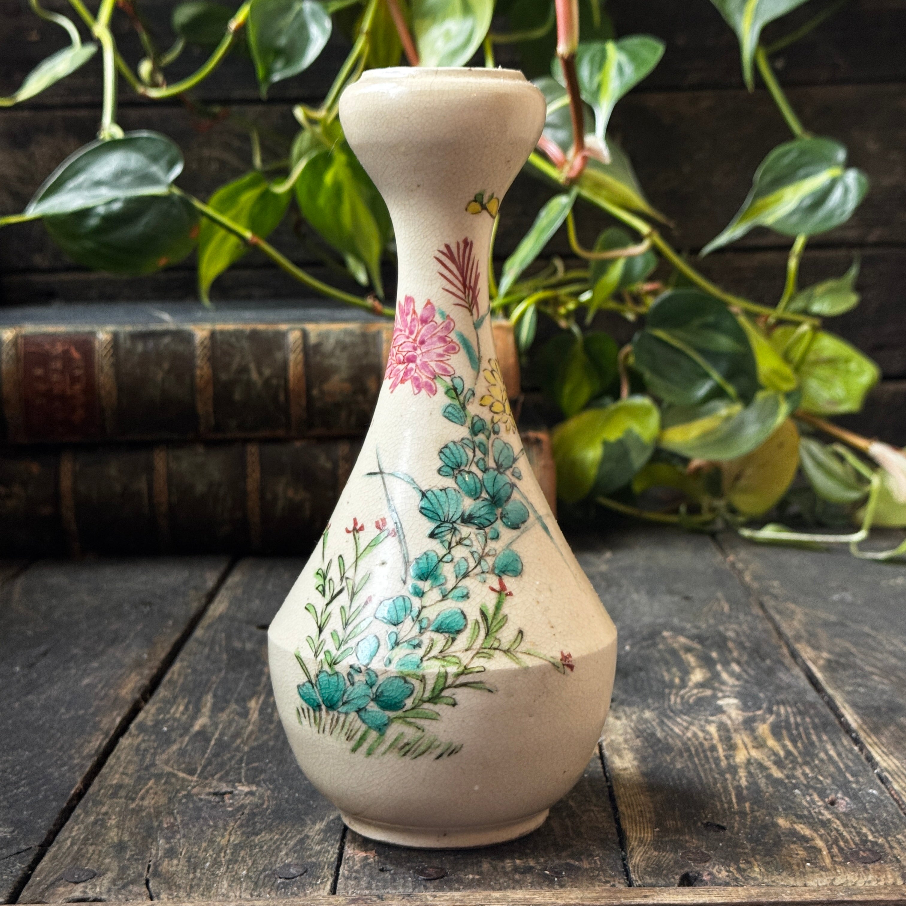 Meiji Period Japanese Satsuma Ware Vase With Cracked Glaze & Hand-Painted Floral Design