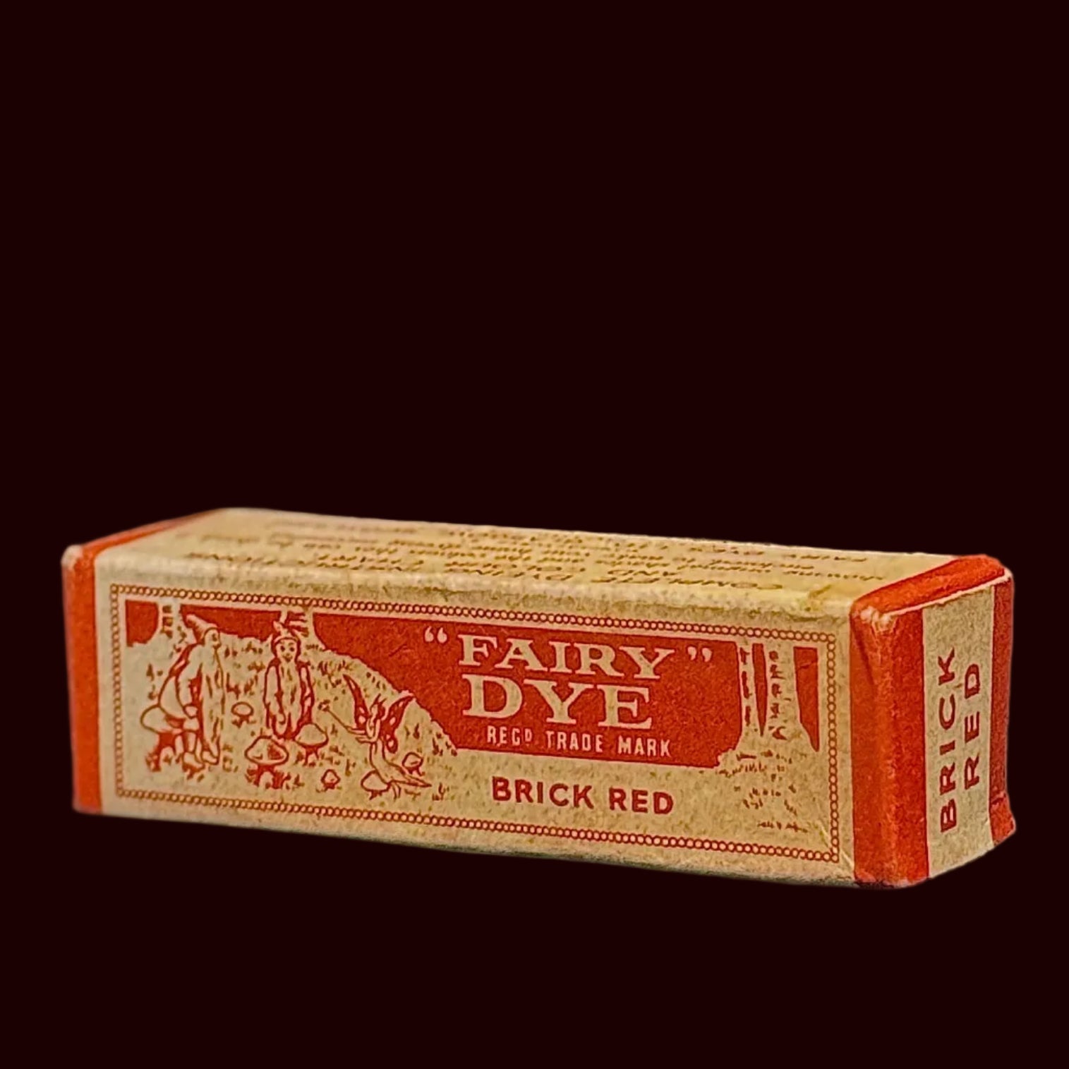 Complete and unused 1940s brick red Fairy Dye in original packaging with instructions, glass vial, etc.