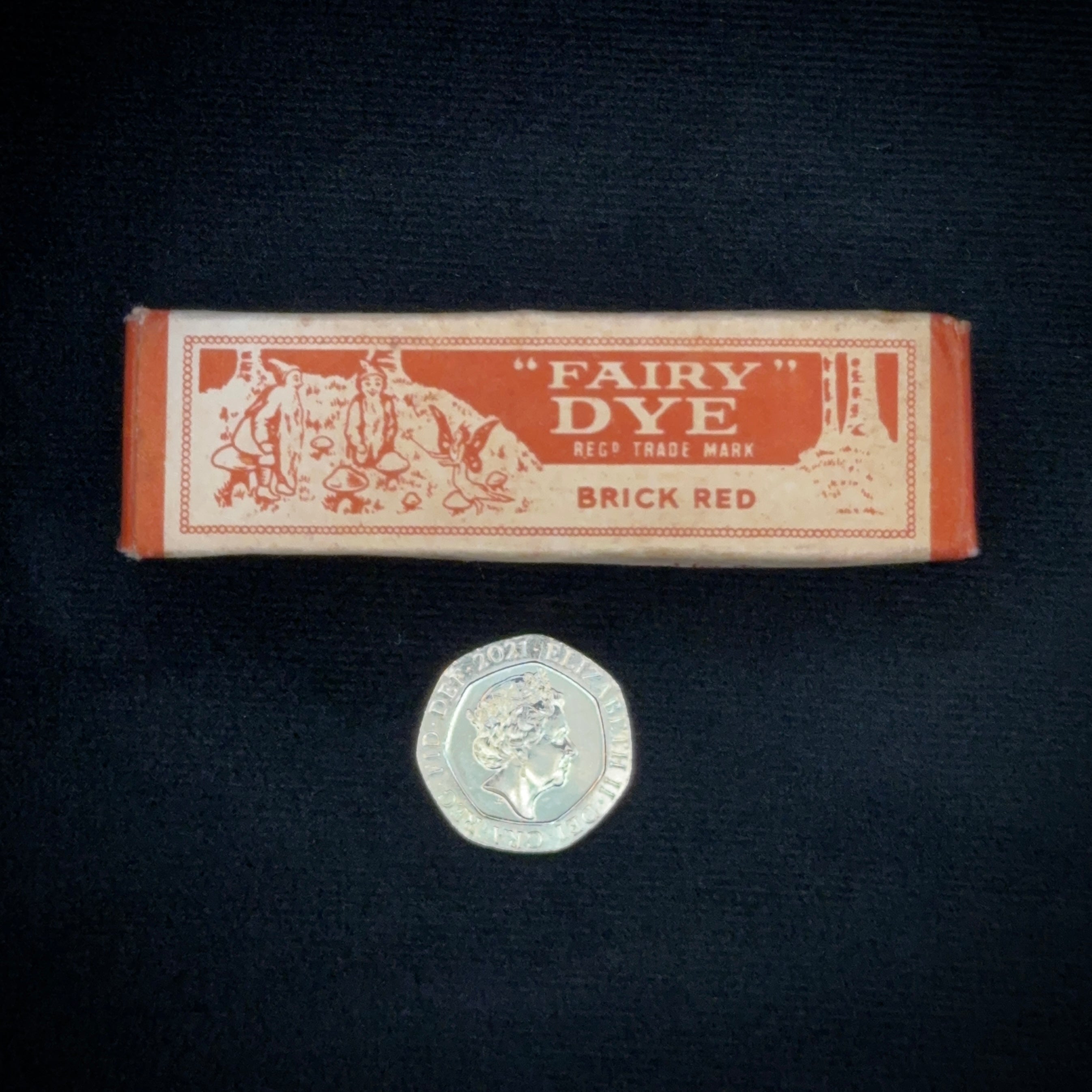 Complete and unused 1940s brick red Fairy Dye in original packaging with instructions, glass vial, etc.