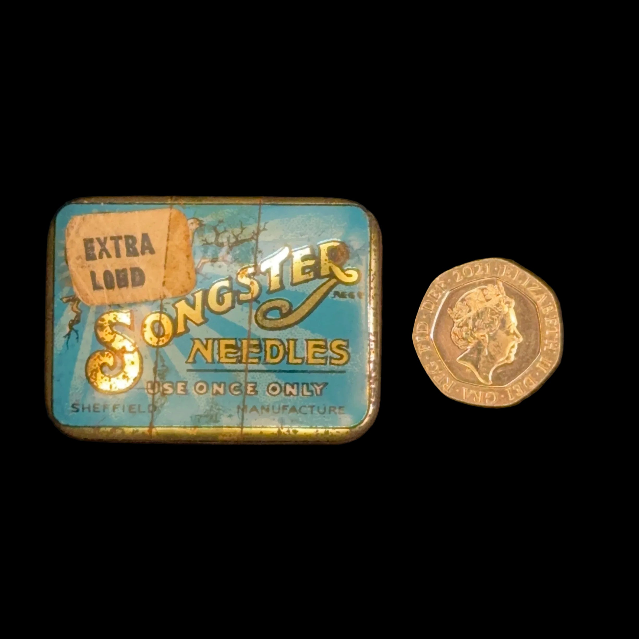 Azure blue, 1930s 'Songster' tin of gramophone needles