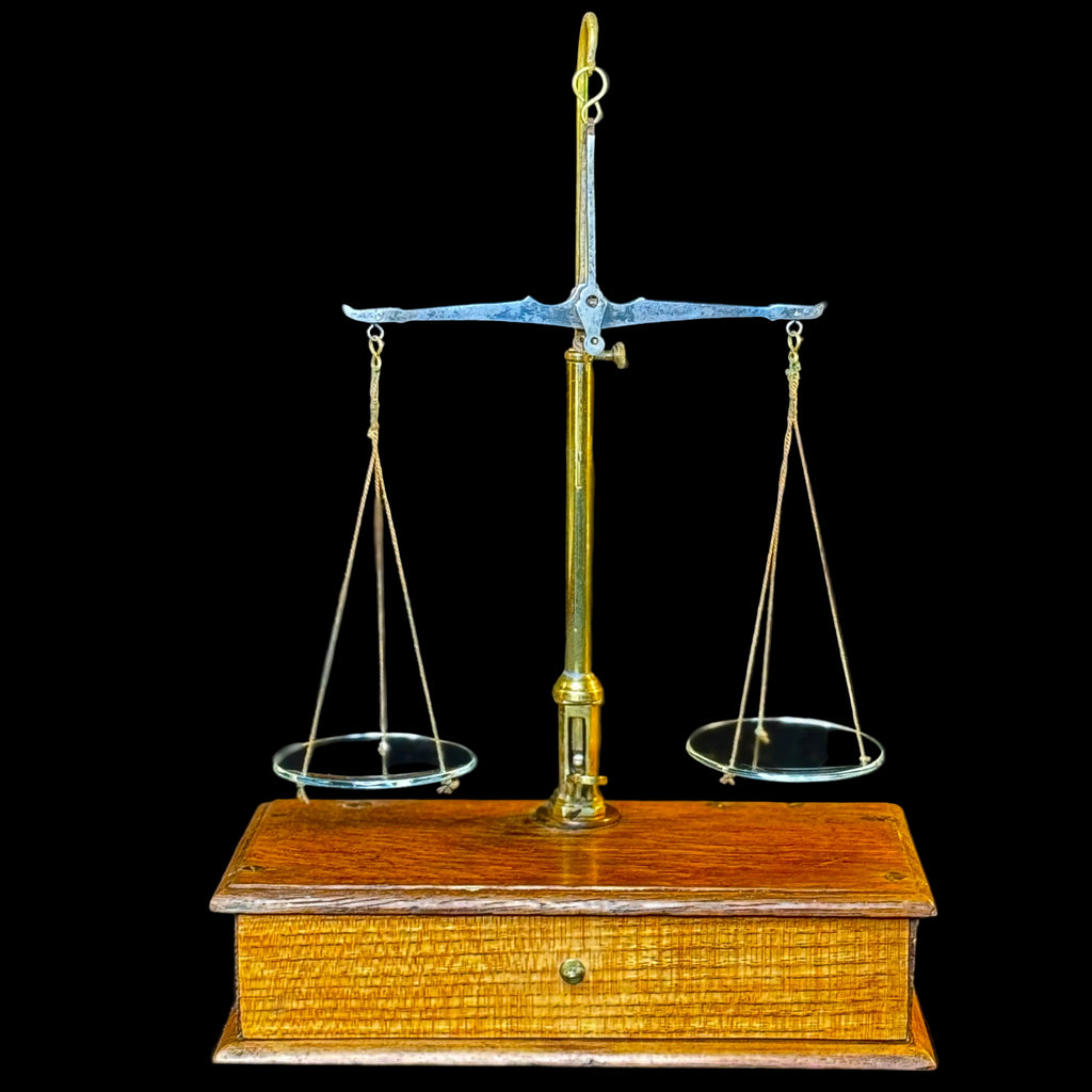 Set of antique apothecary scales in glass-fronted wooden case