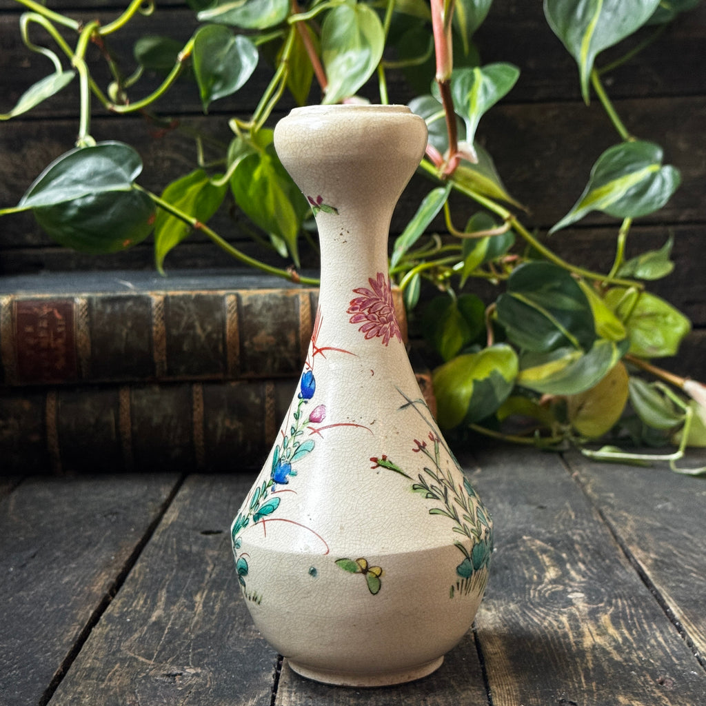 Meiji Period Japanese Satsuma Ware Vase With Cracked Glaze & Hand-Painted Floral Design