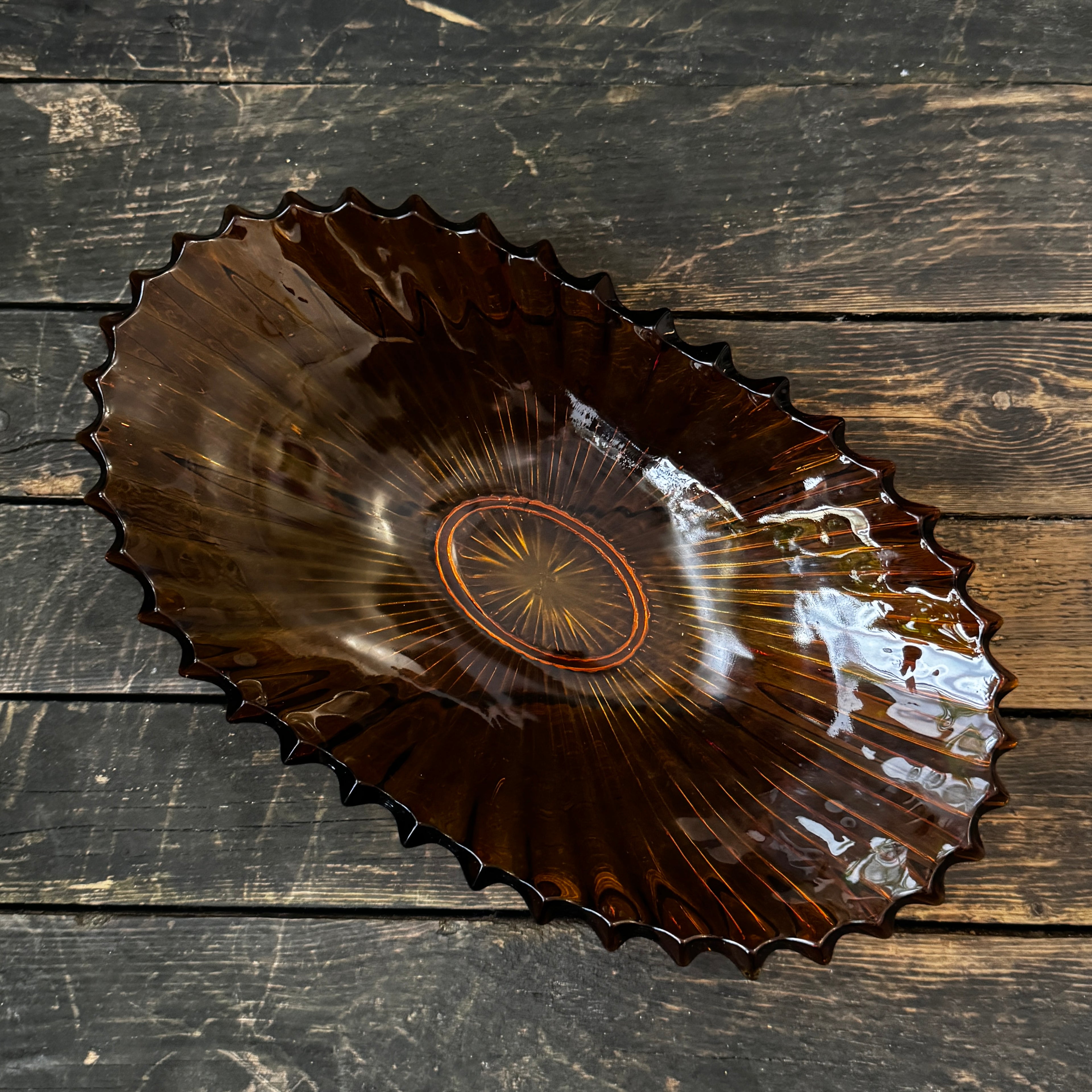 Large Art Deco pressed glass bowl in a rich amber shade 1930s
