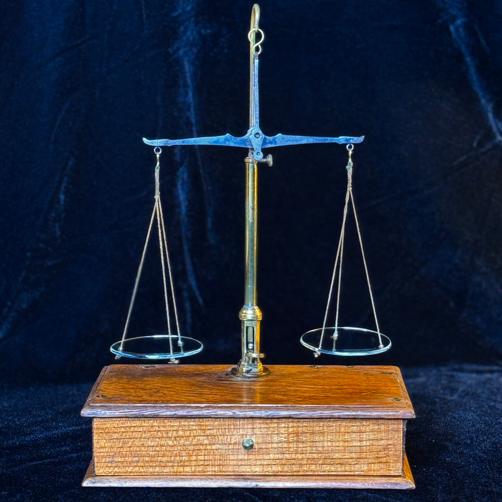 Set of antique apothecary scales in glass-fronted wooden case