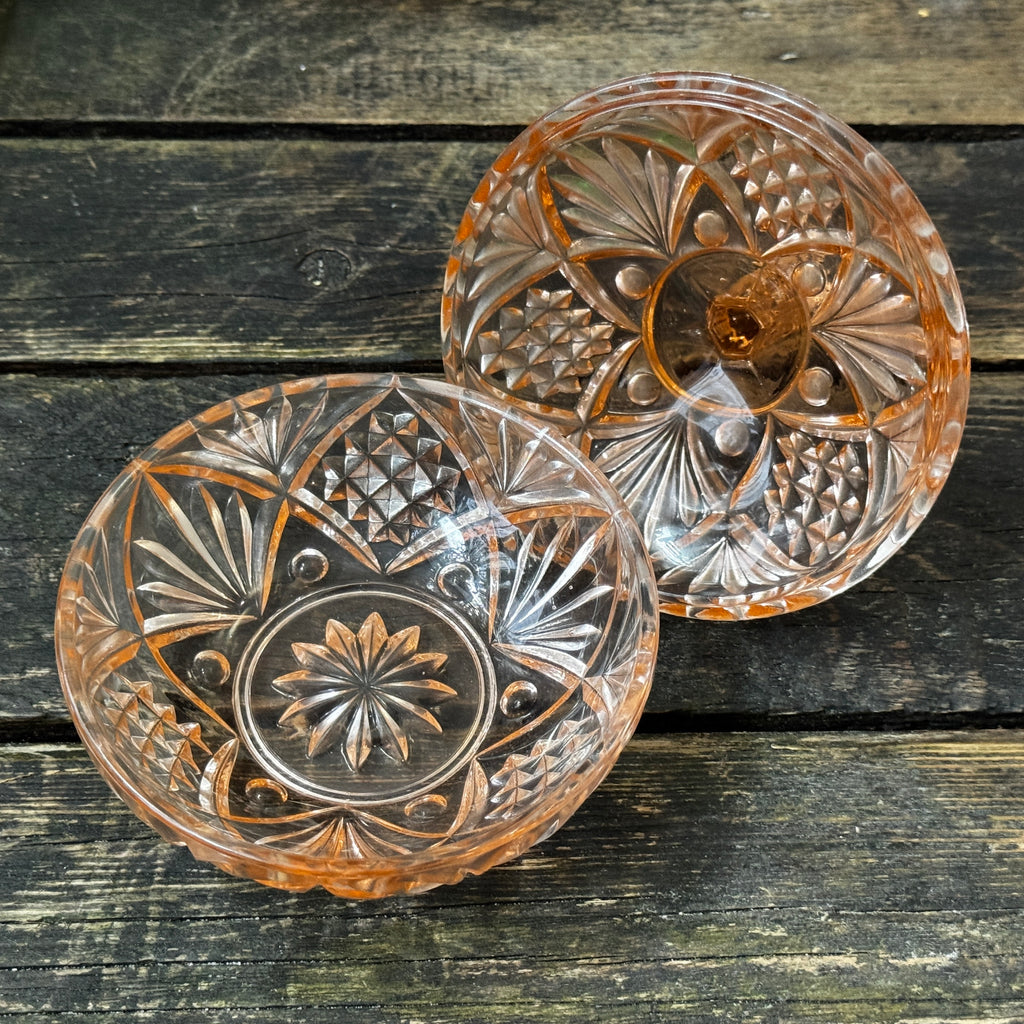 Heavy Lidded Trinket Box, Peach Pressed Glass c.1930s