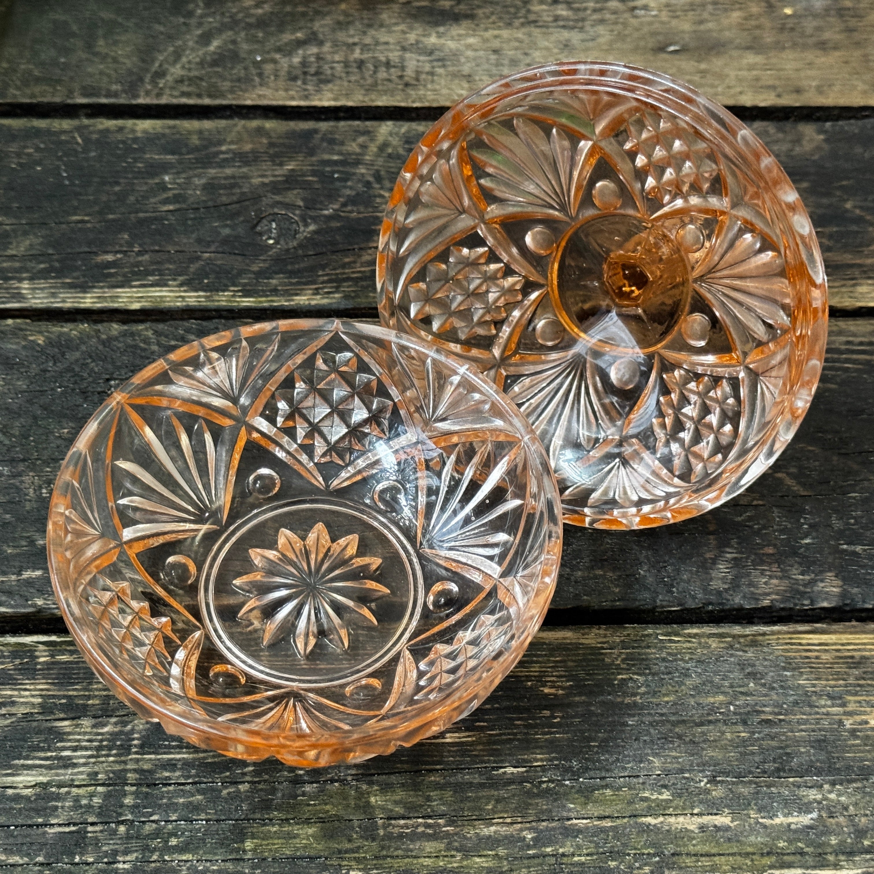 Heavy Lidded Trinket Box, Peach Pressed Glass c.1930s