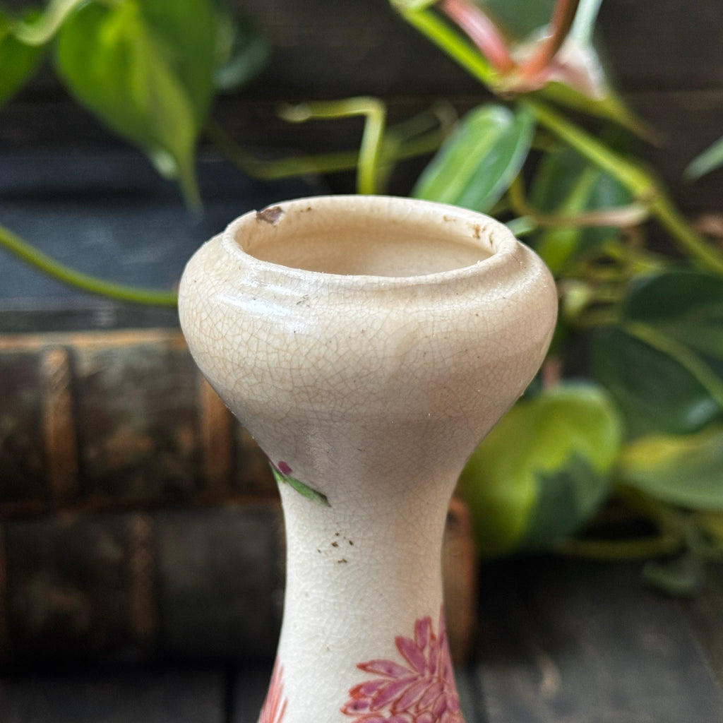 Meiji Period Japanese Satsuma Ware Vase With Cracked Glaze & Hand-Painted Floral Design