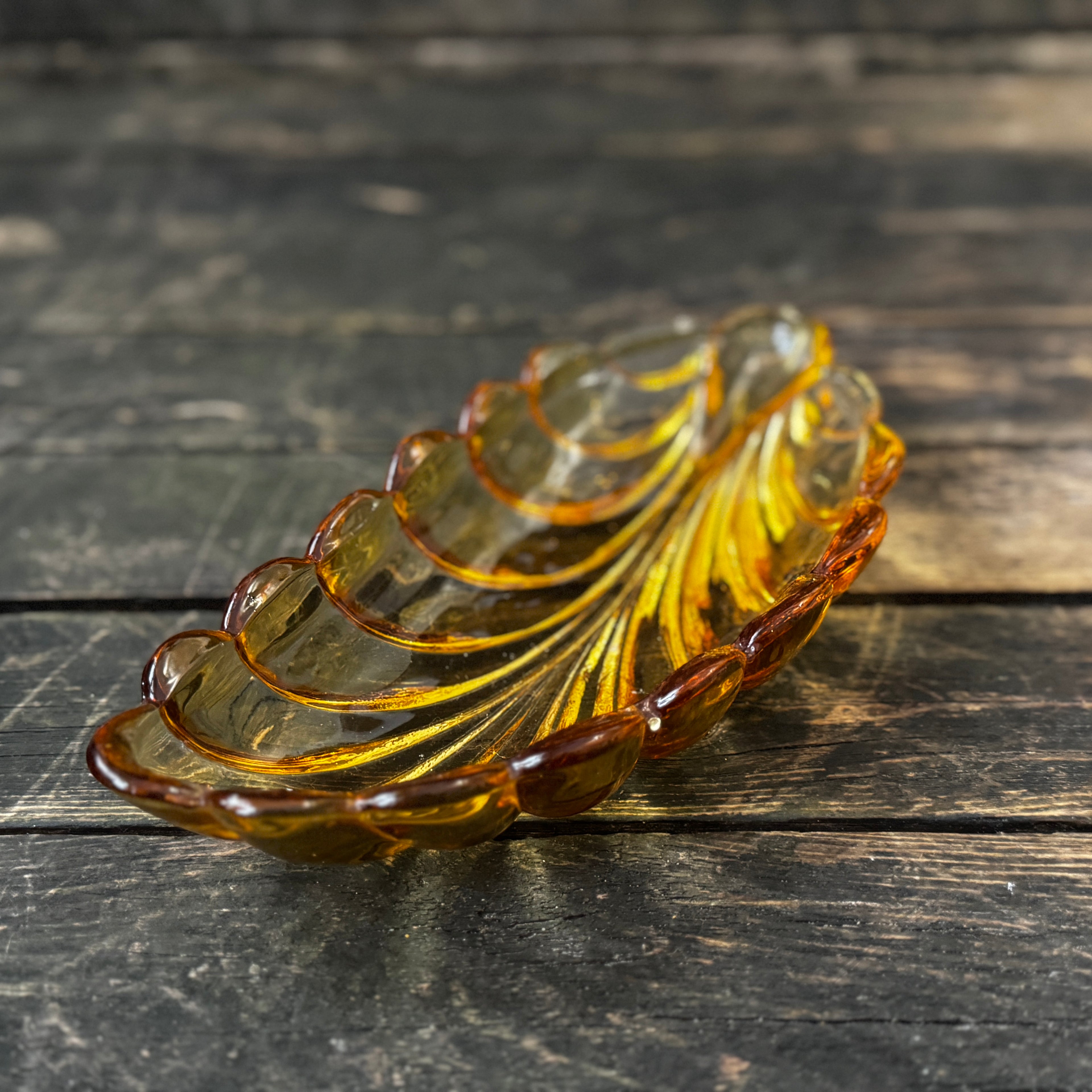 Leaf-formed amber pressed glass Art Deco dish 1930s