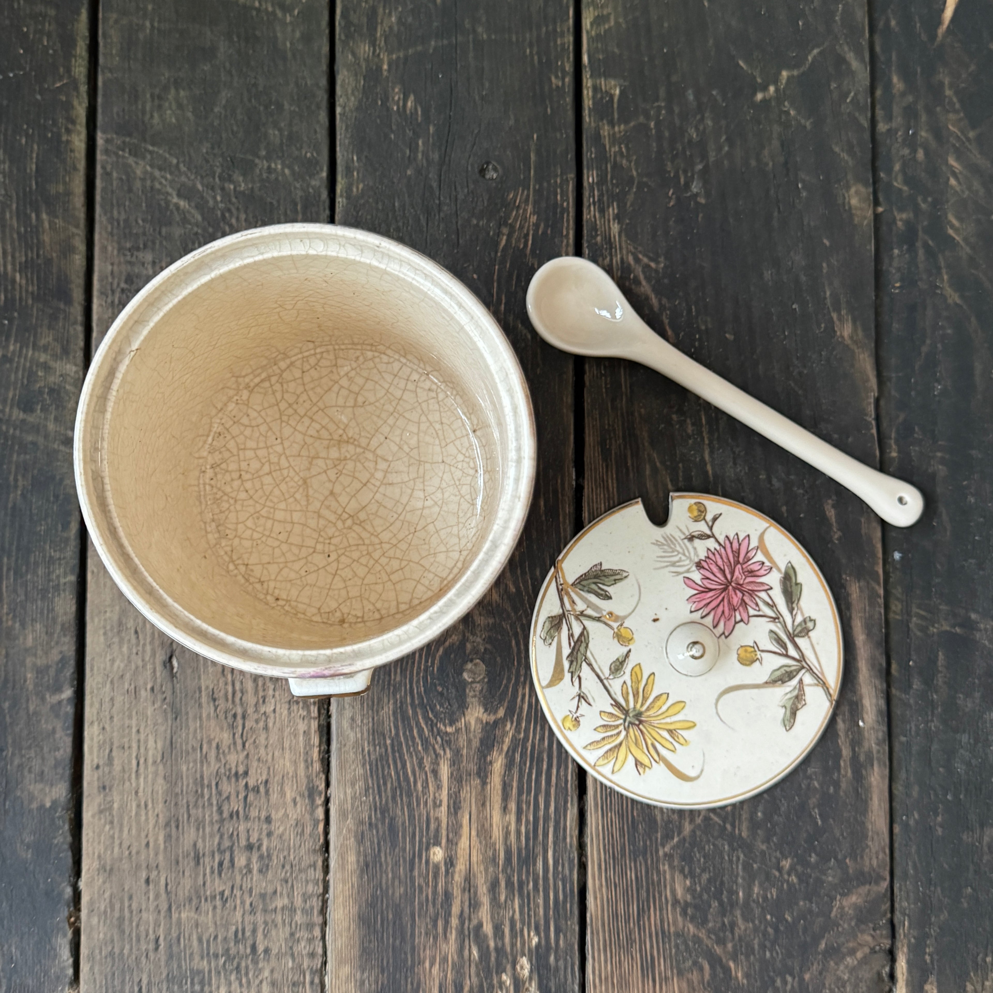 Hand-Painted Chrysanthemum Crackle Glaze Preserve Jar, Lid & Spoon Set