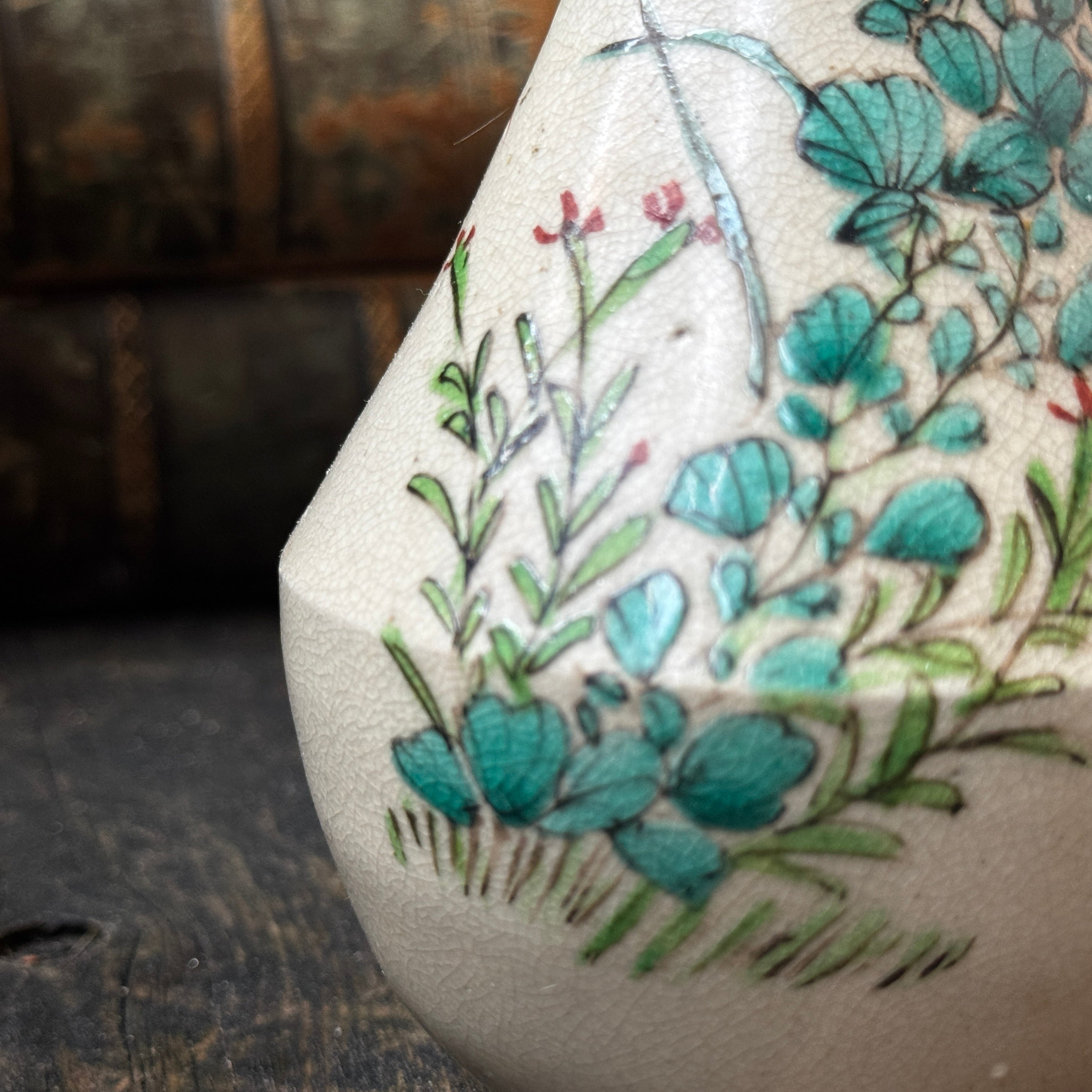 Meiji Period Japanese Satsuma Ware Vase With Cracked Glaze & Hand-Painted Floral Design