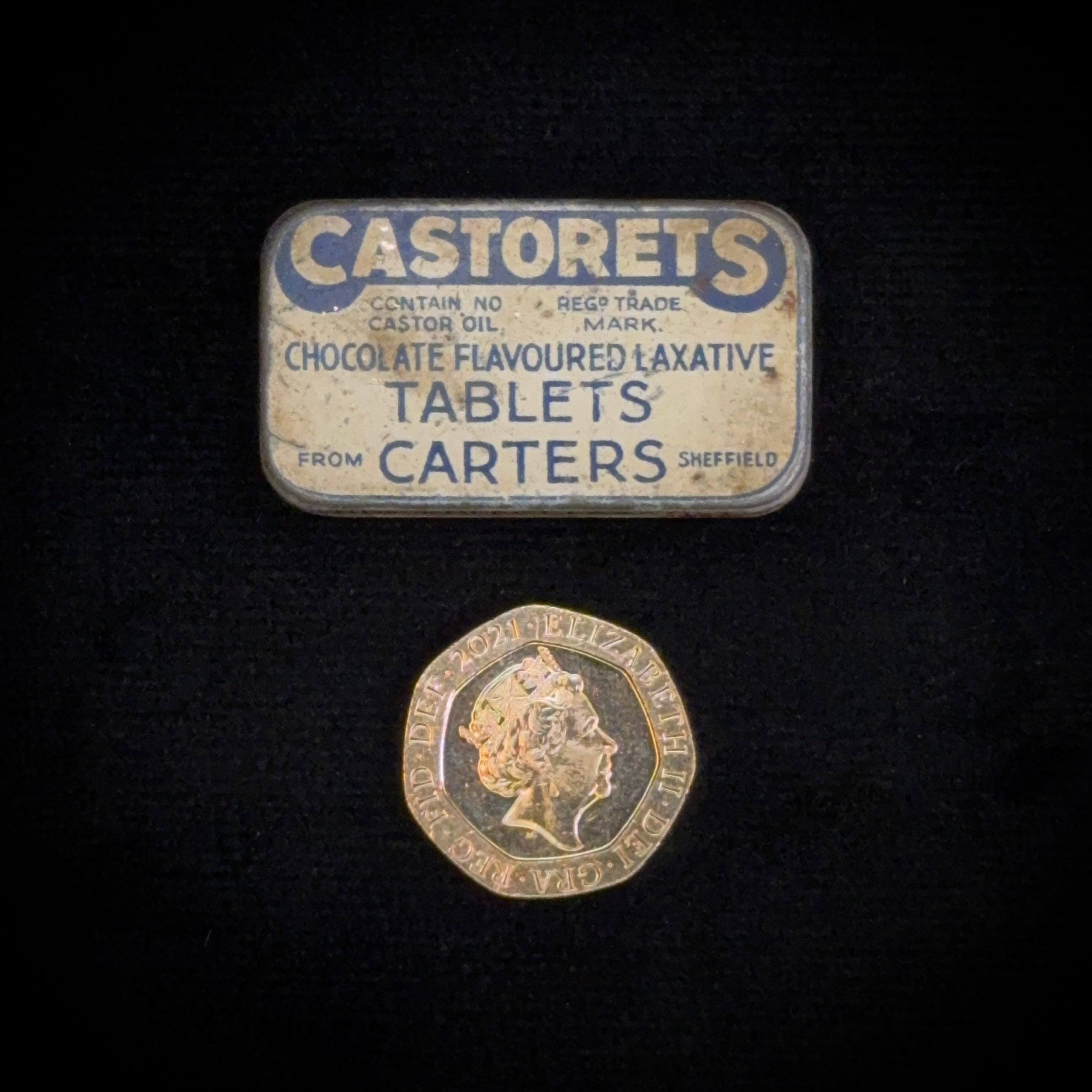 1920s tin, for Castorets chocolate flavoured laxative tablets