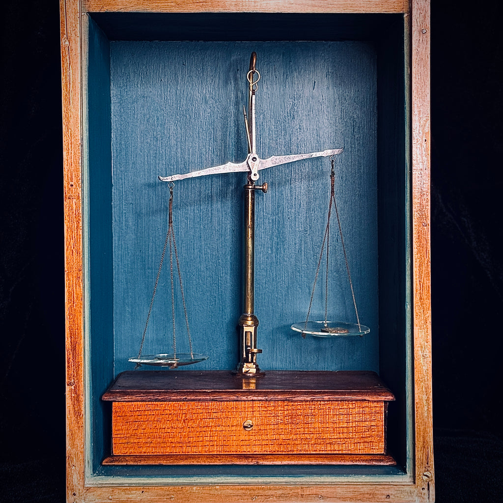 Set of antique apothecary scales in glass-fronted wooden case