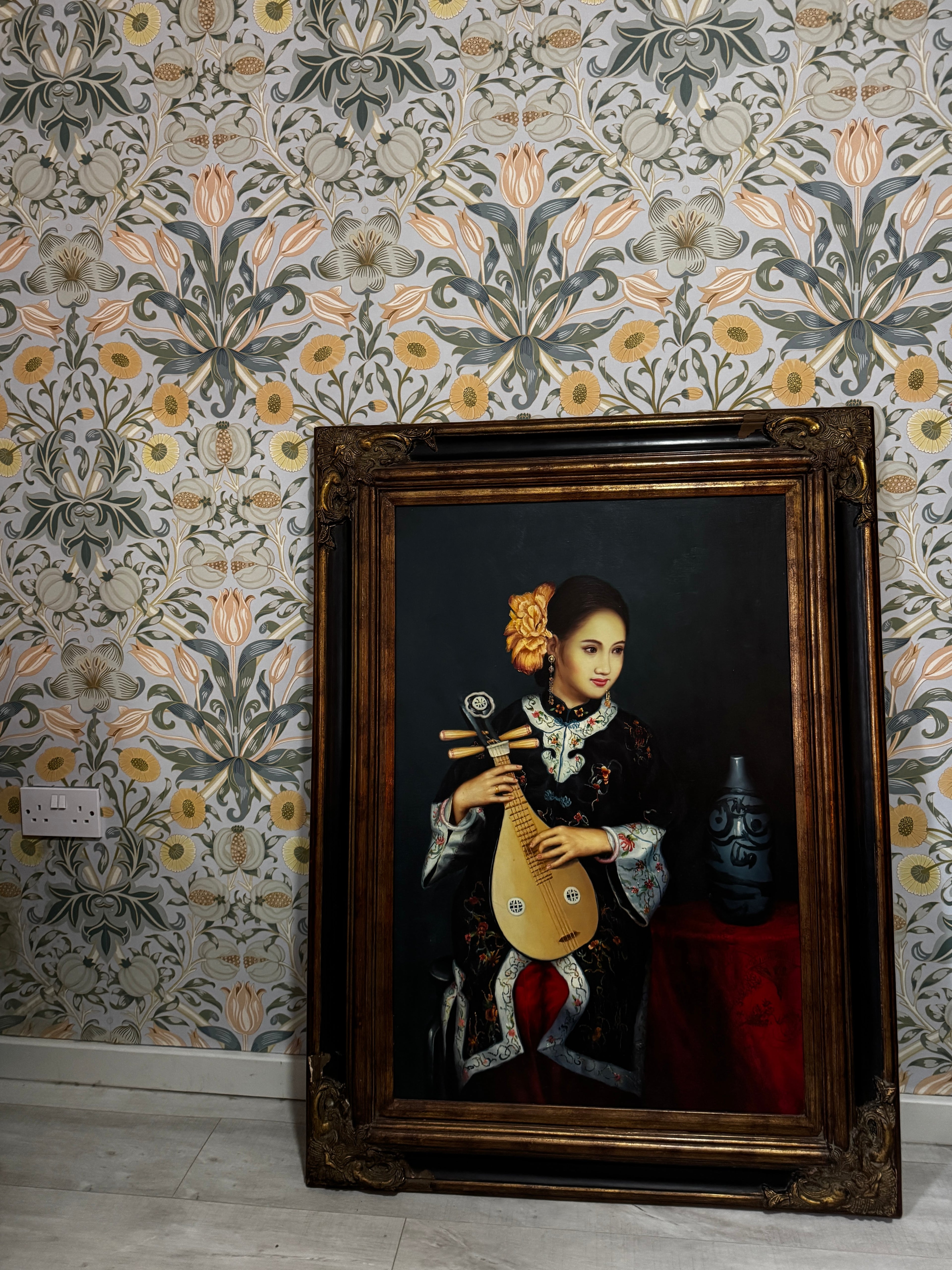 Large original artwork, oil on canvas: young woman playing the liuqin