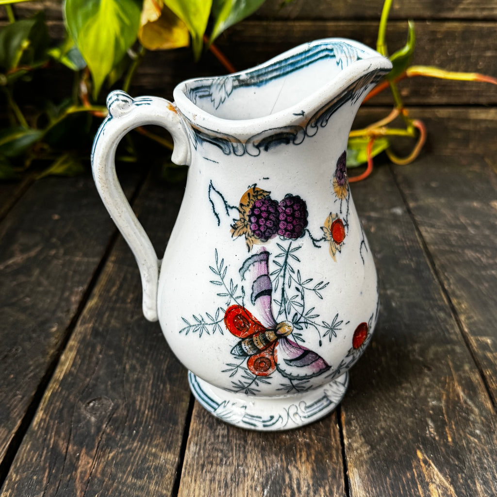 Berry Ewer “Blackberries and Butterflies” 1844 Hand-Painted Jug
