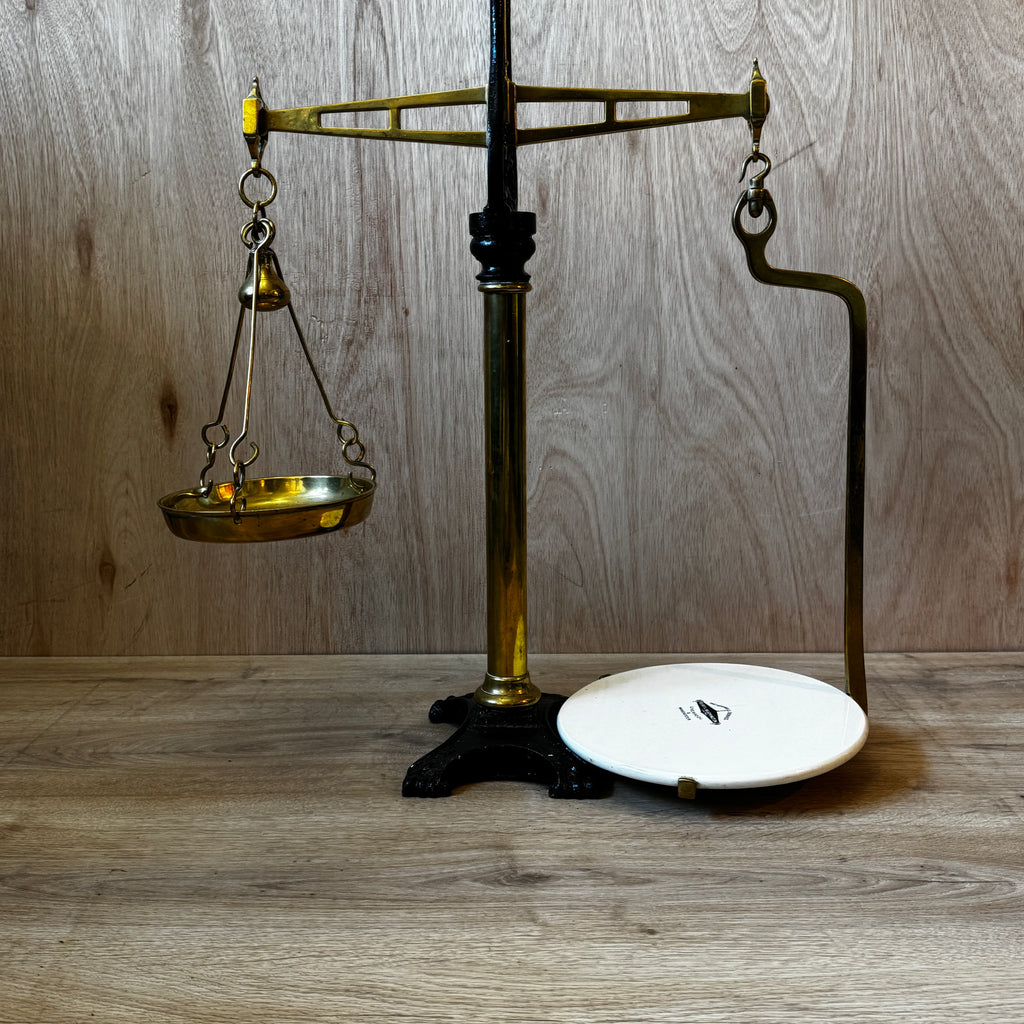 Very large, antique 1880s shop scales. Cast iron and brass with original ceramic weigh plate