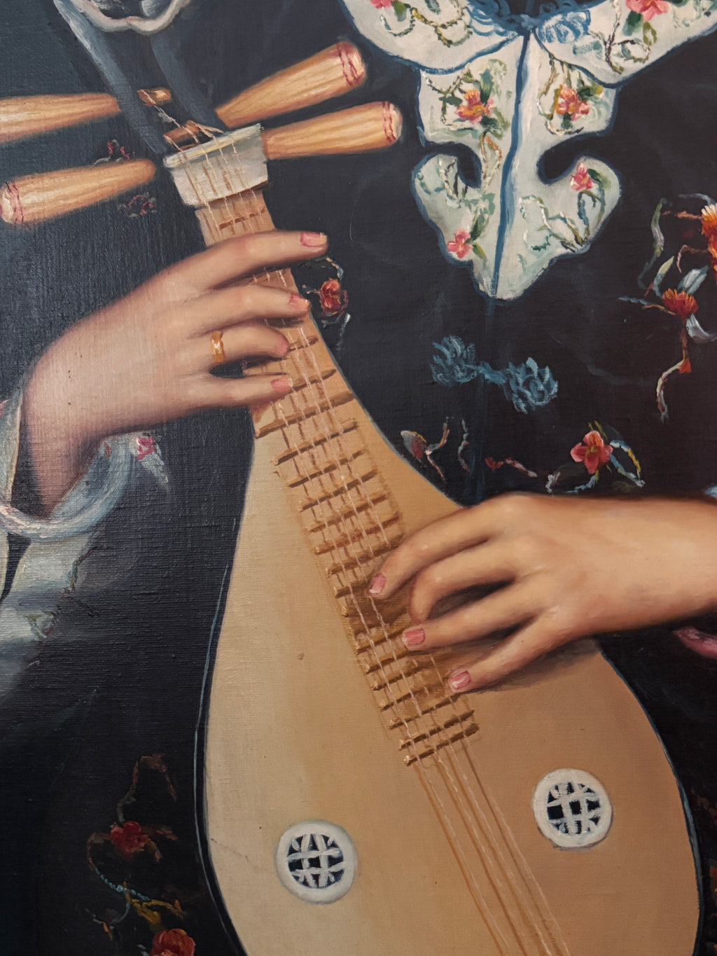Large original artwork, oil on canvas: young woman playing the liuqin