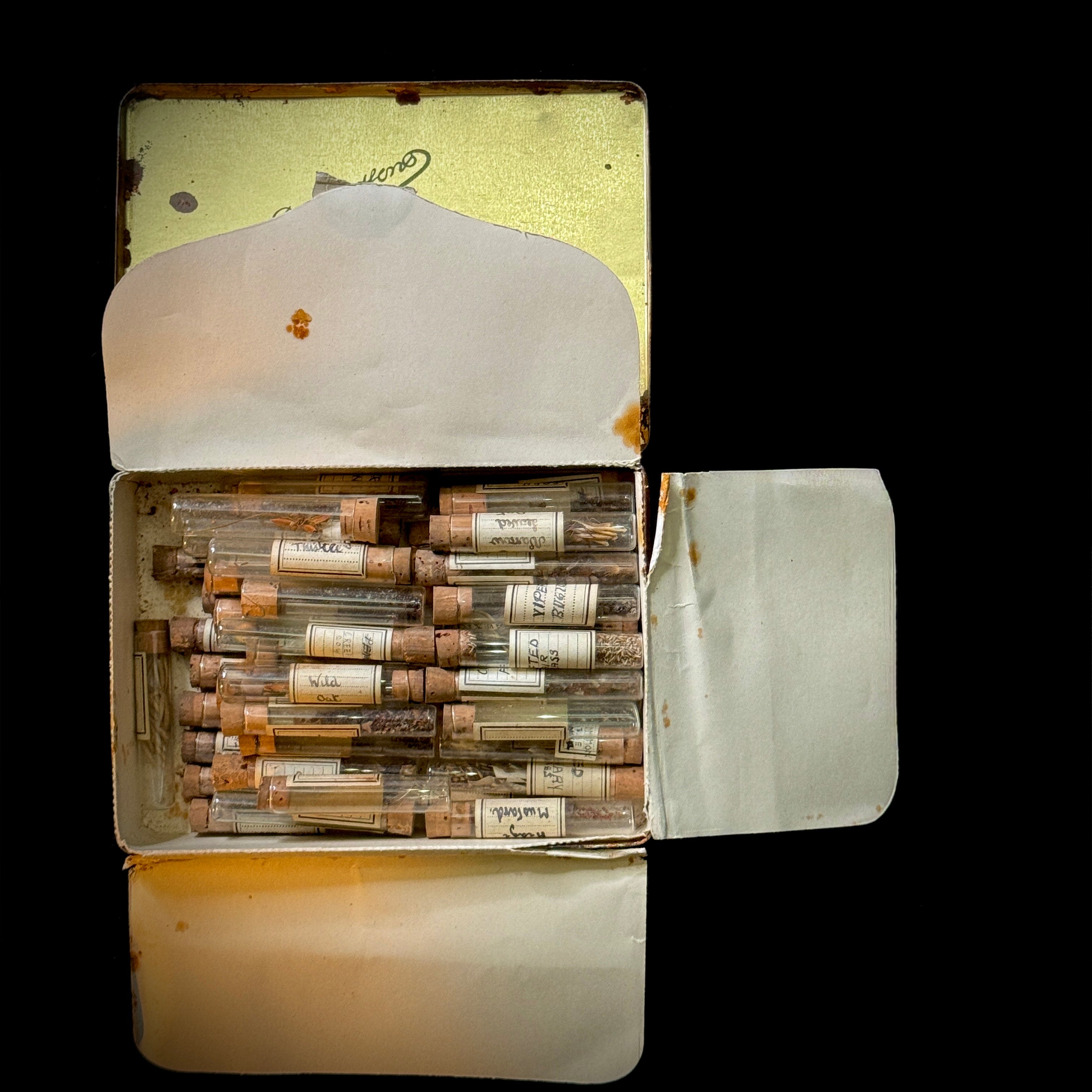 Antique botany samples in glass vials, stored (as found) in early 20th century collectible cigarette tin