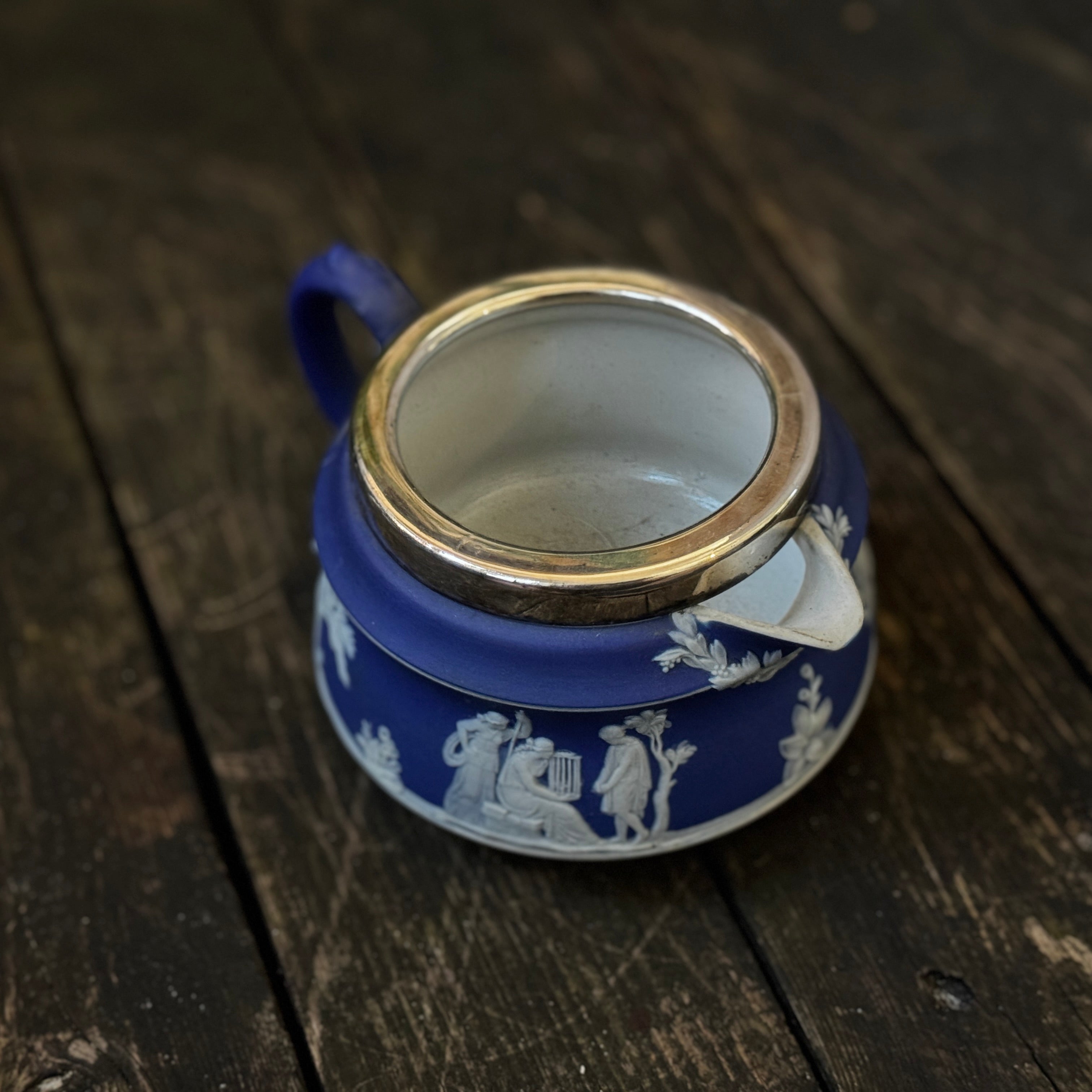Beautiful late 19th century Wedgewood Jasperware cream jug with silver plated rim