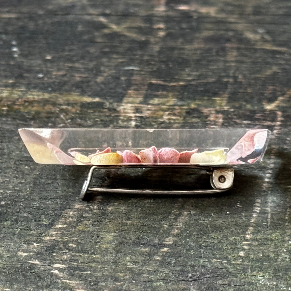 Original 1940s reverse-carved lucite brooch with delicate pink and green flower design
