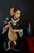 Large original artwork, oil on canvas: young woman playing the liuqin