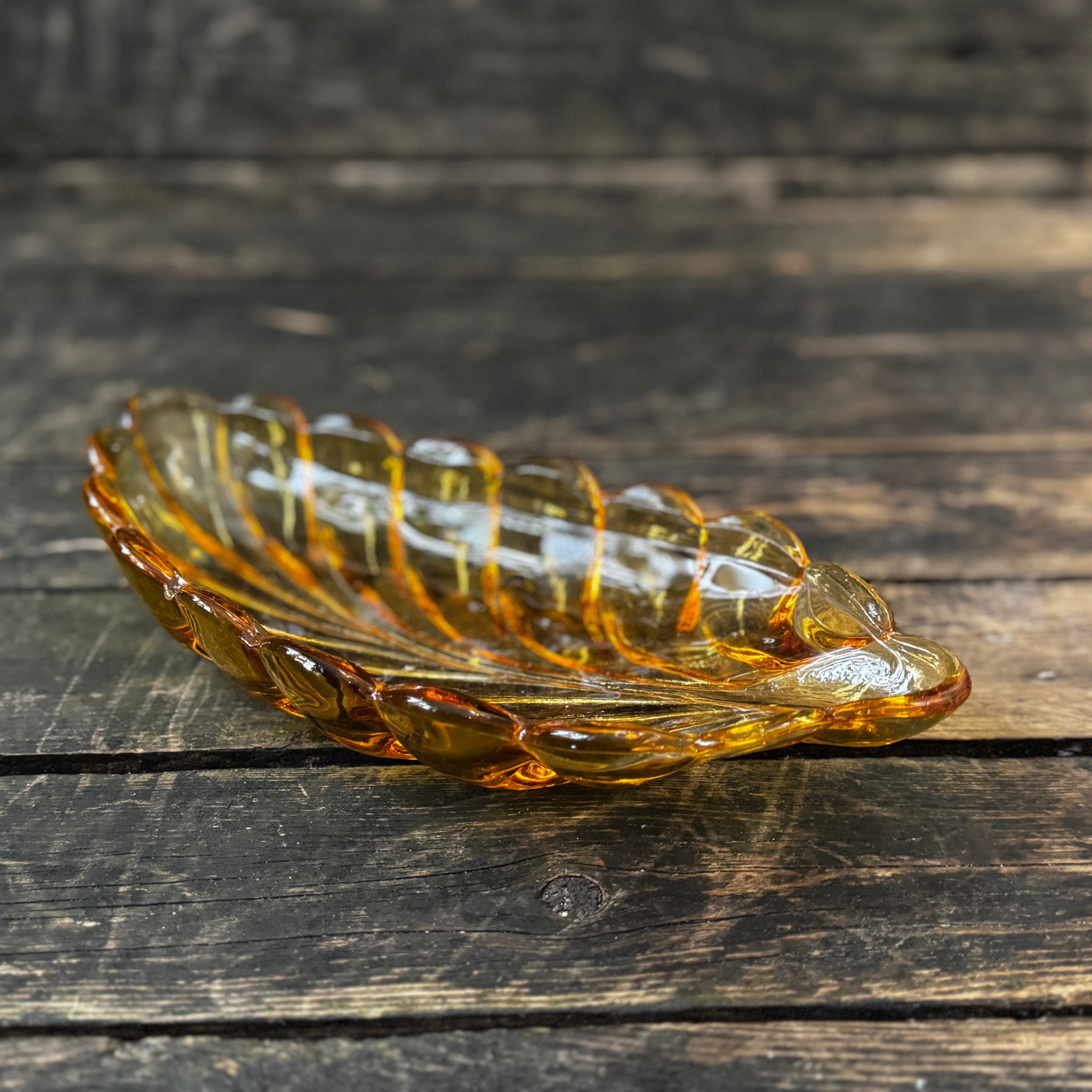 Leaf-formed amber pressed glass Art Deco dish 1930s