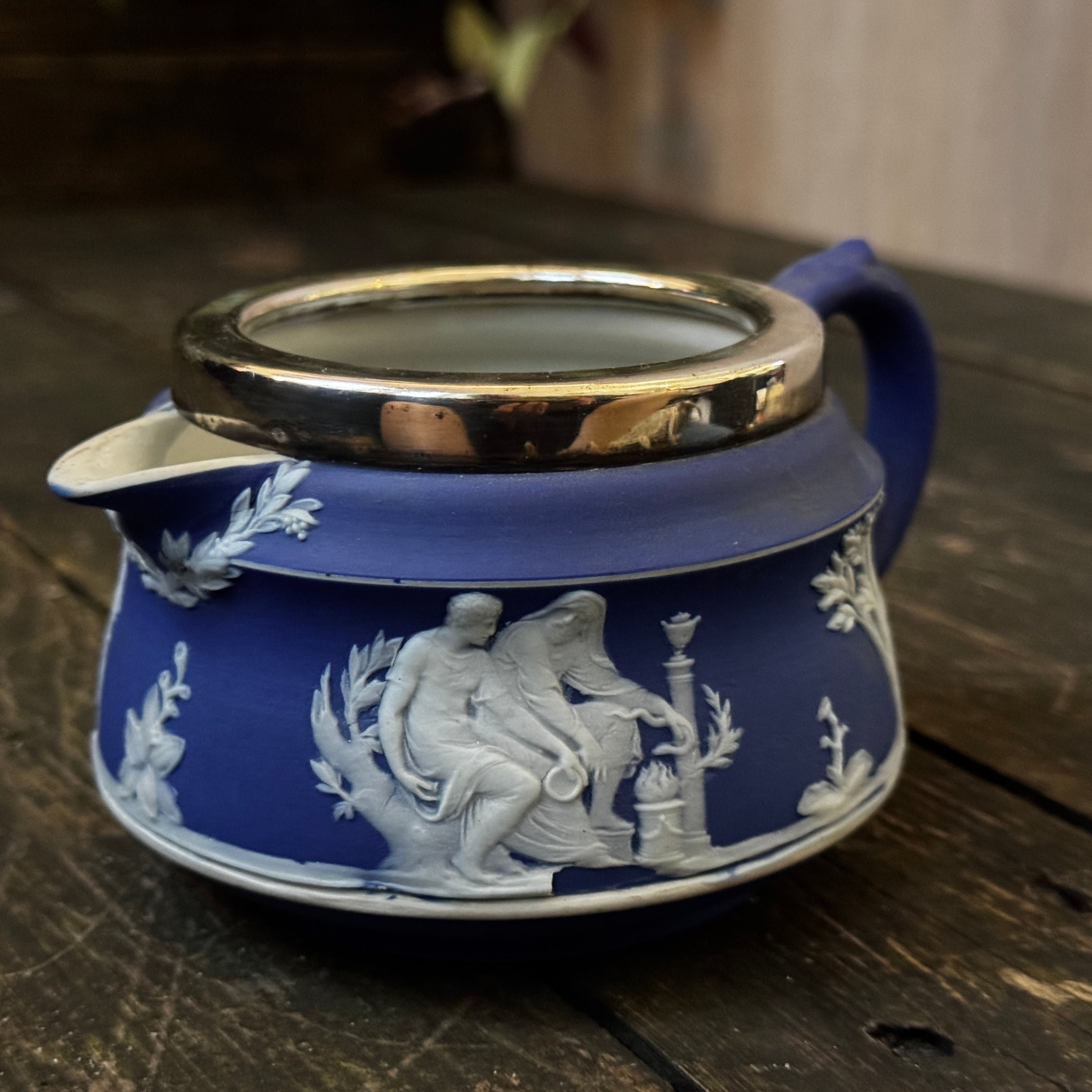 Beautiful late 19th century Wedgewood Jasperware cream jug with silver plated rim