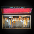 Antique botany collection of seed samples in glass vials, stored (as found) in cigarette box