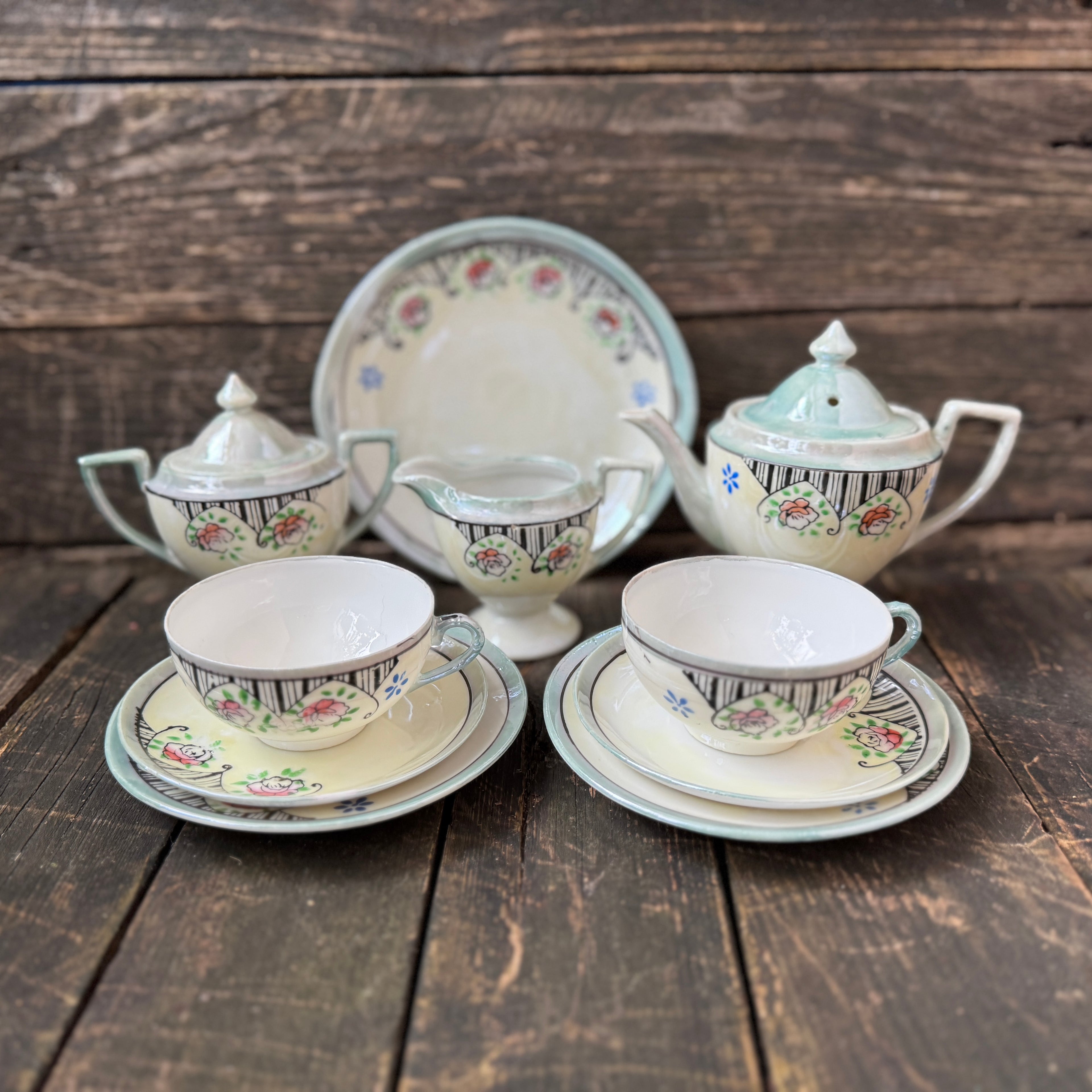 Delicate Hand-Painted Japanese Eggshell Ware Tea Set For Two