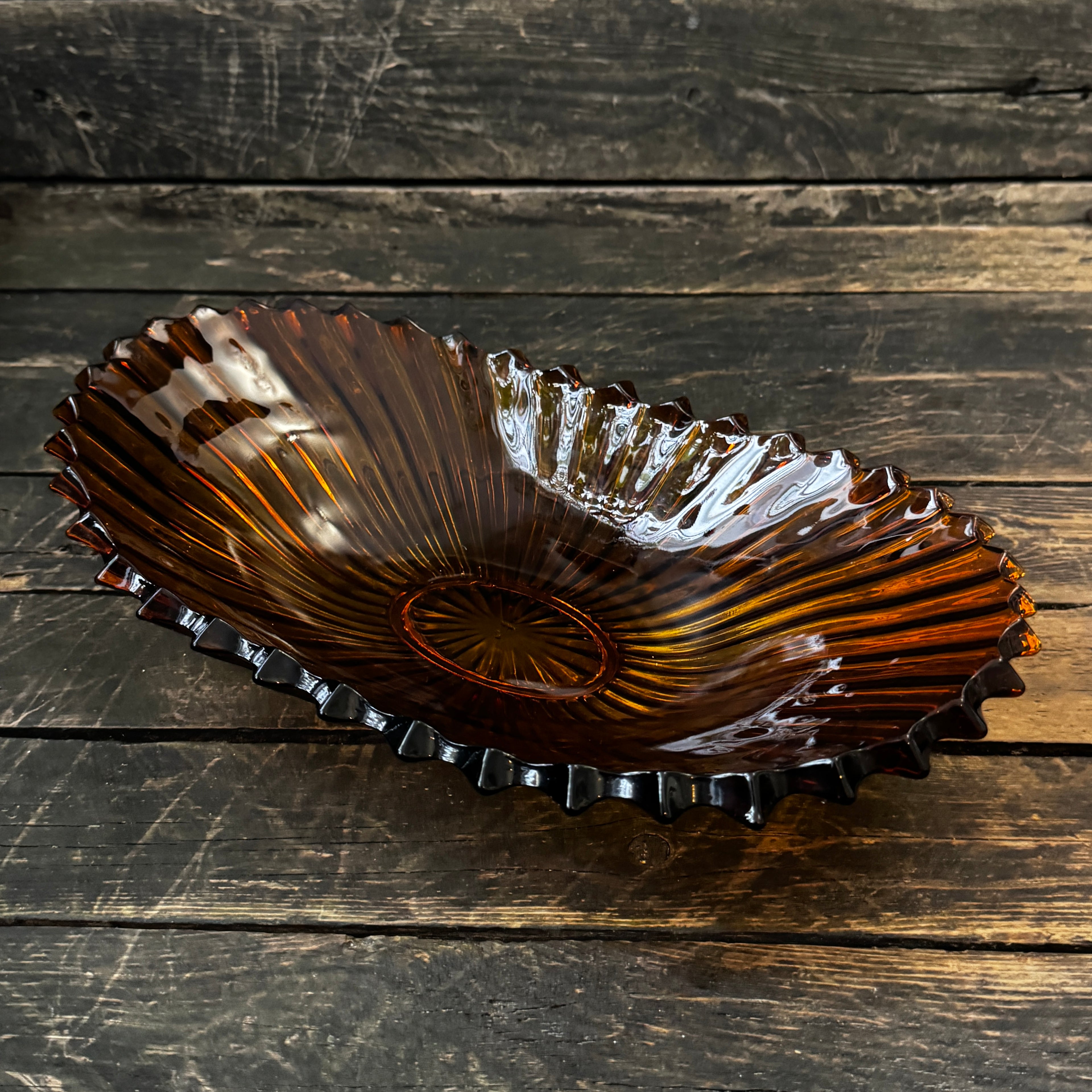 Large Art Deco pressed glass bowl in a rich amber shade 1930s