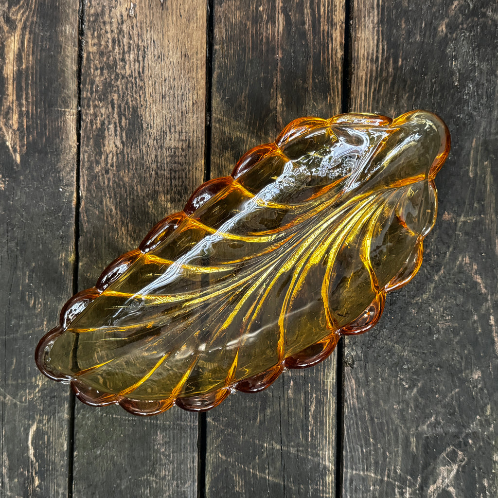Leaf-formed amber pressed glass Art Deco dish 1930s